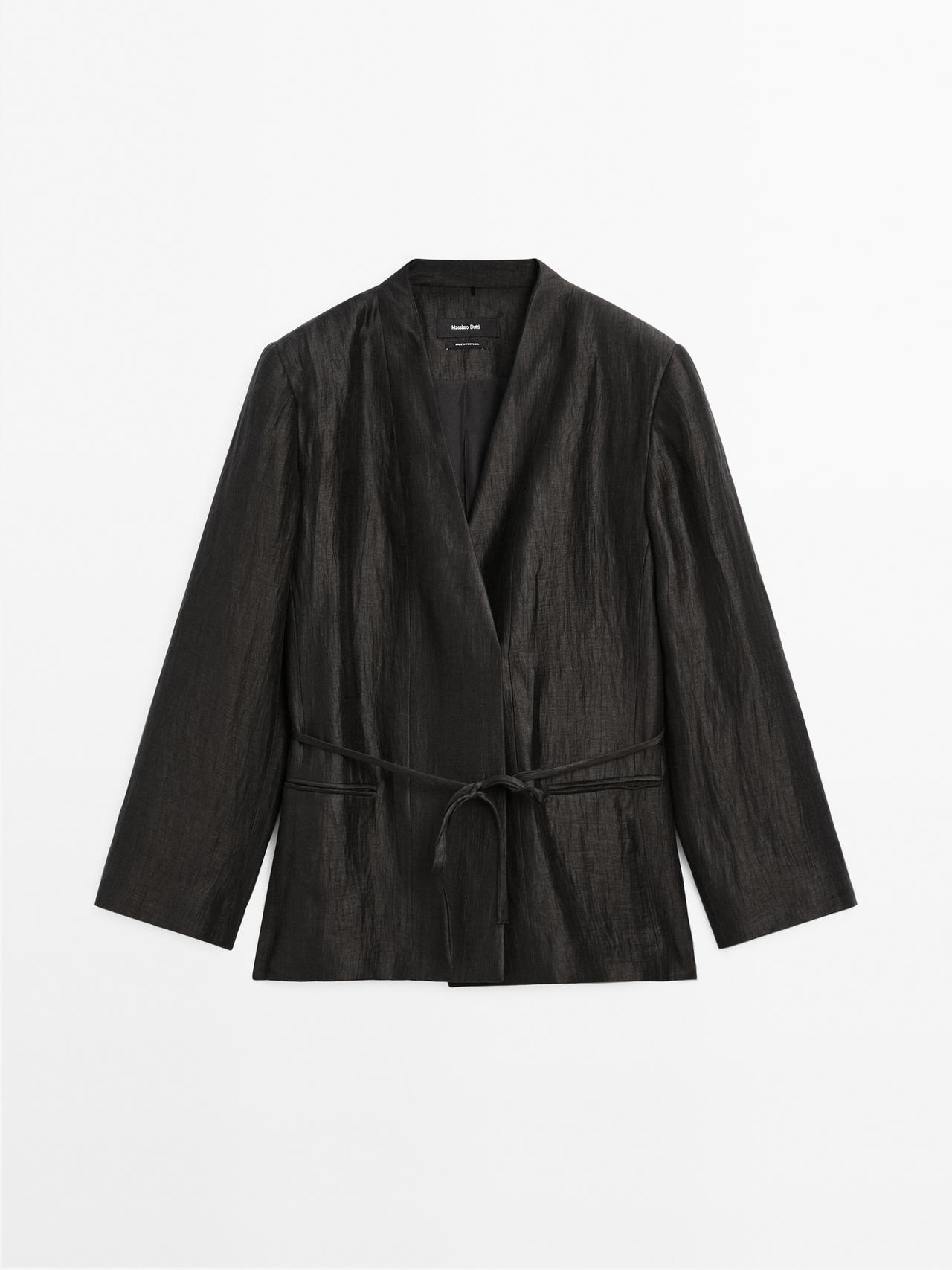 Massimo Dutti - Dame - Kimono I Hørblanding Med Bindebåndsdetalje - Sort - S