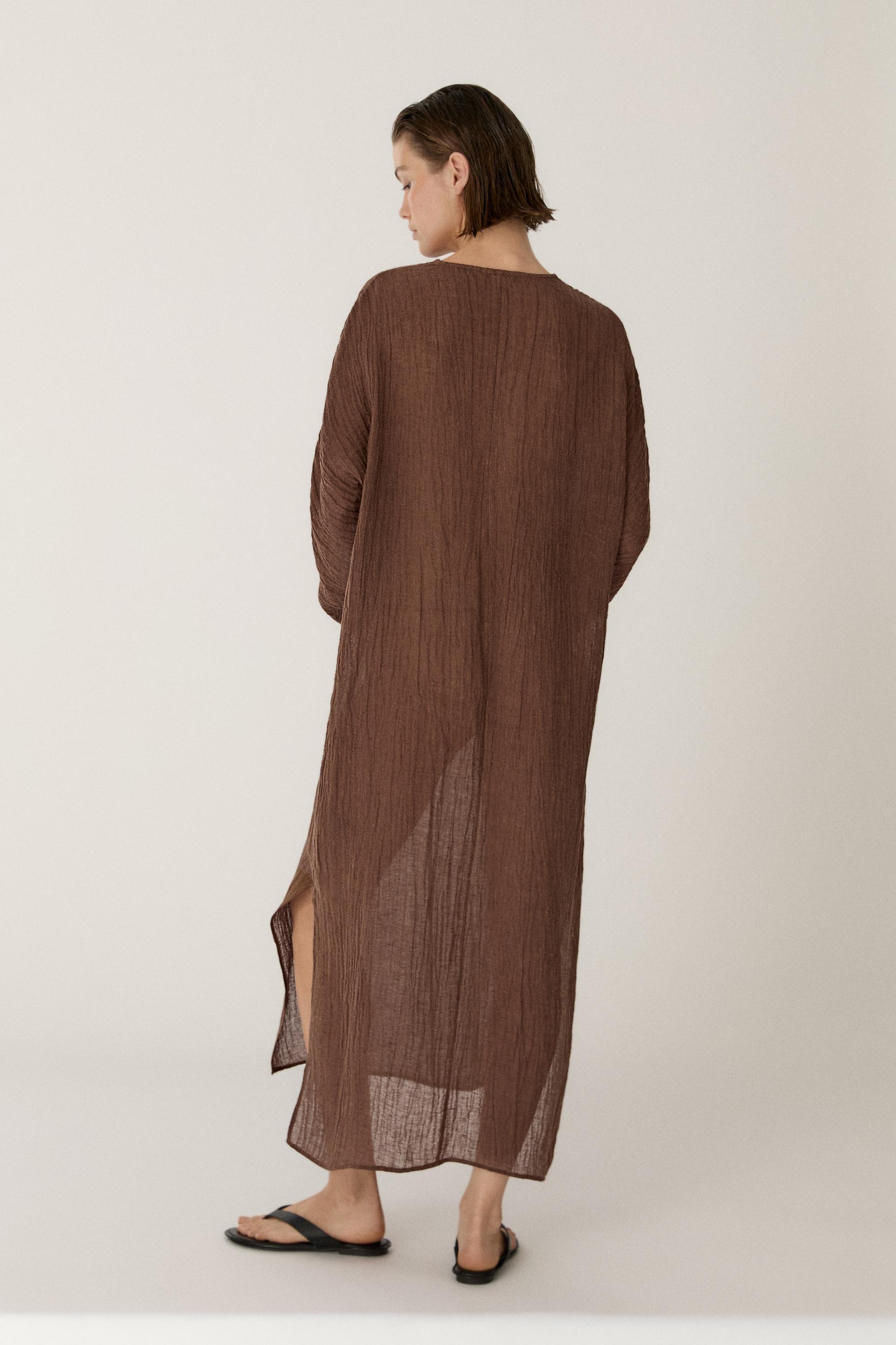 Linen blend kaftan dress with tied neckline — OCHRE