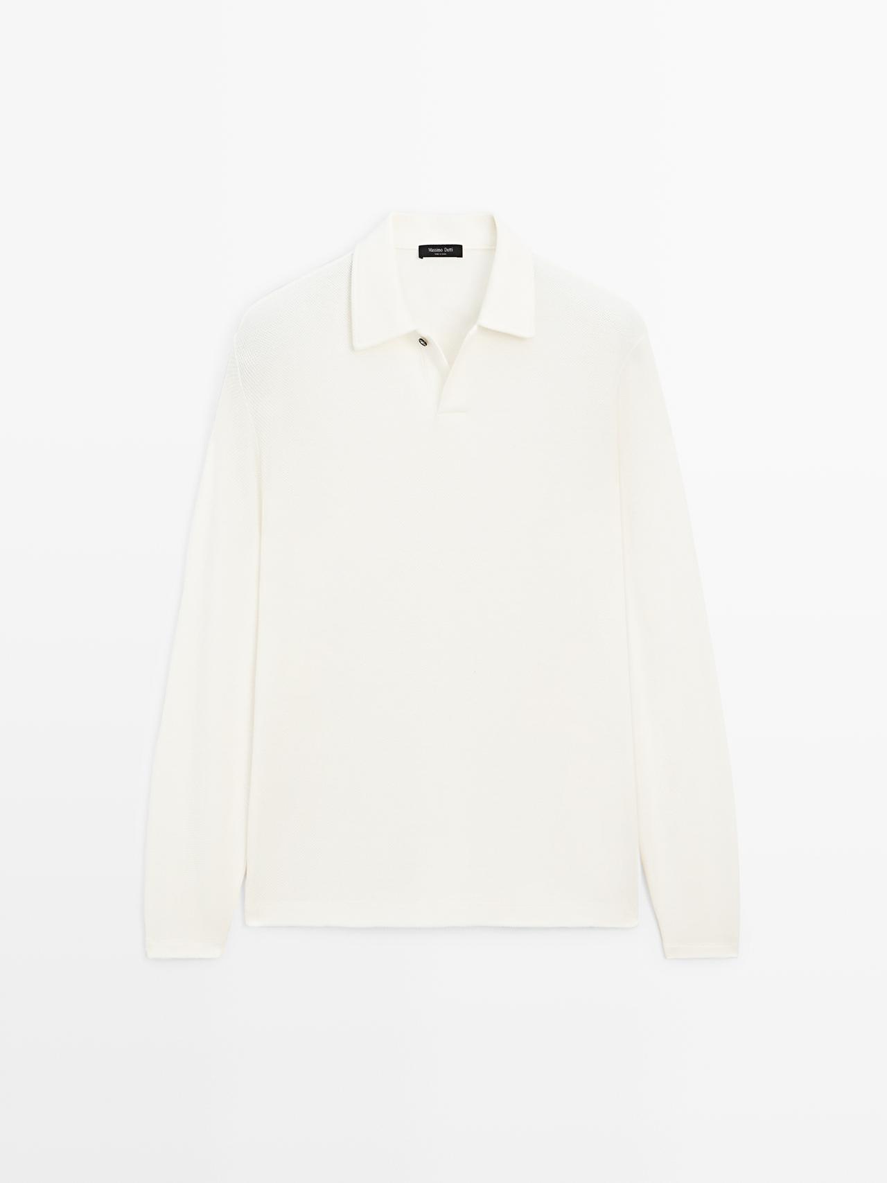 Massimo Dutti - Herre - Strukturvævet Poloshirt Med Lange Ærmer - Råhvid - L