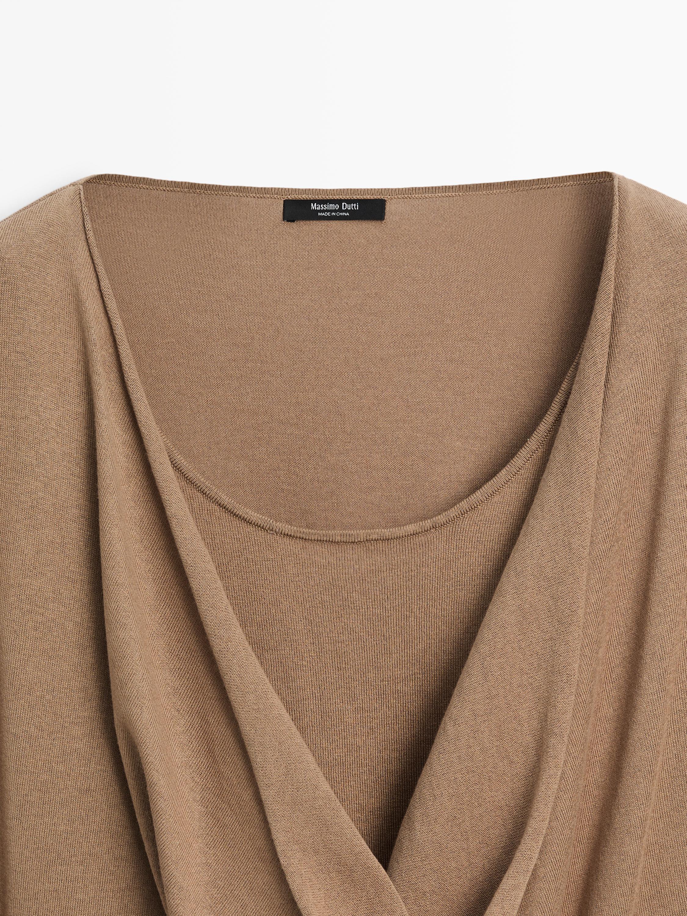 Draped neckline cotton sweater — CAMEL