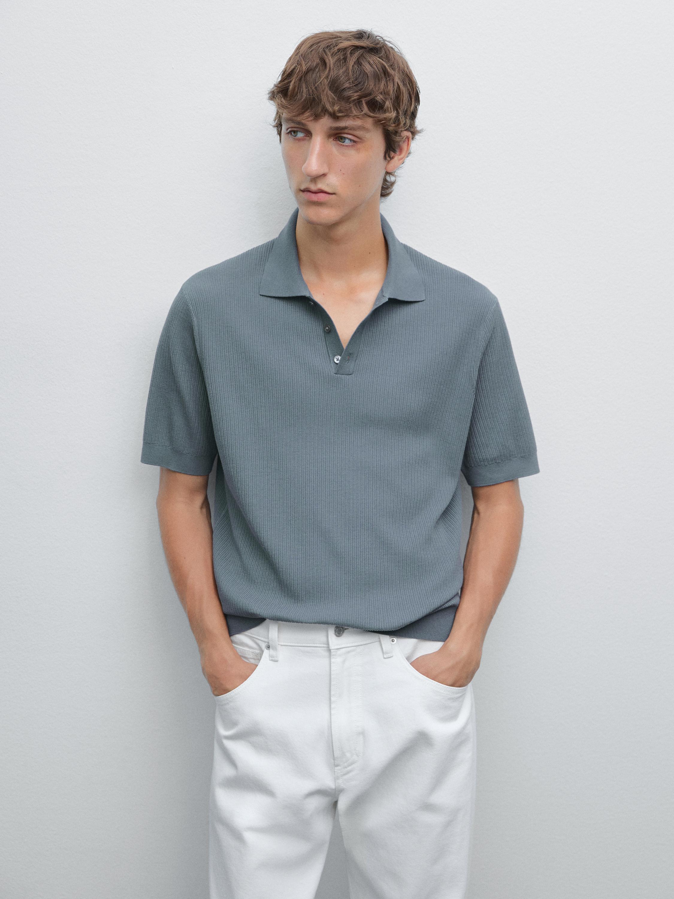 Ribbed knit cotton polo shirt