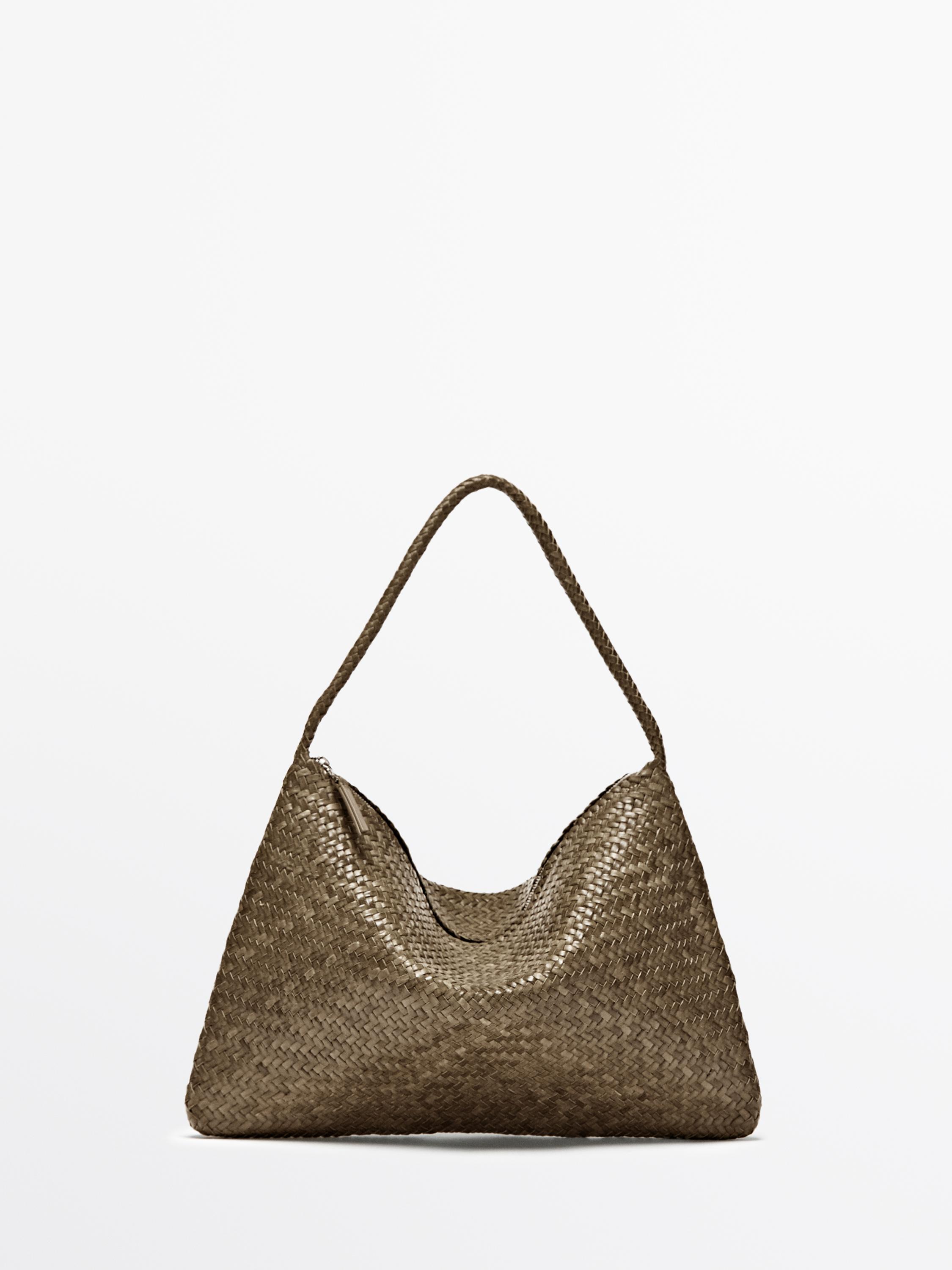Mid-sized braided leather shoulder bag — KHAKI