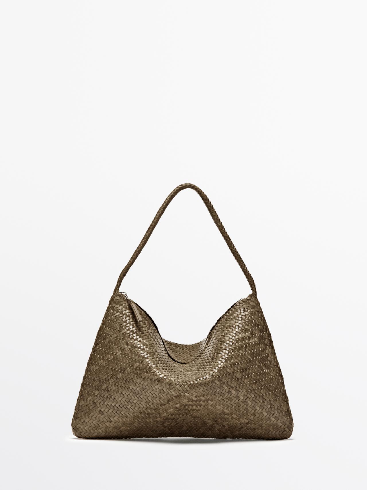 Mid-sized braided leather shoulder bag — KHAKI