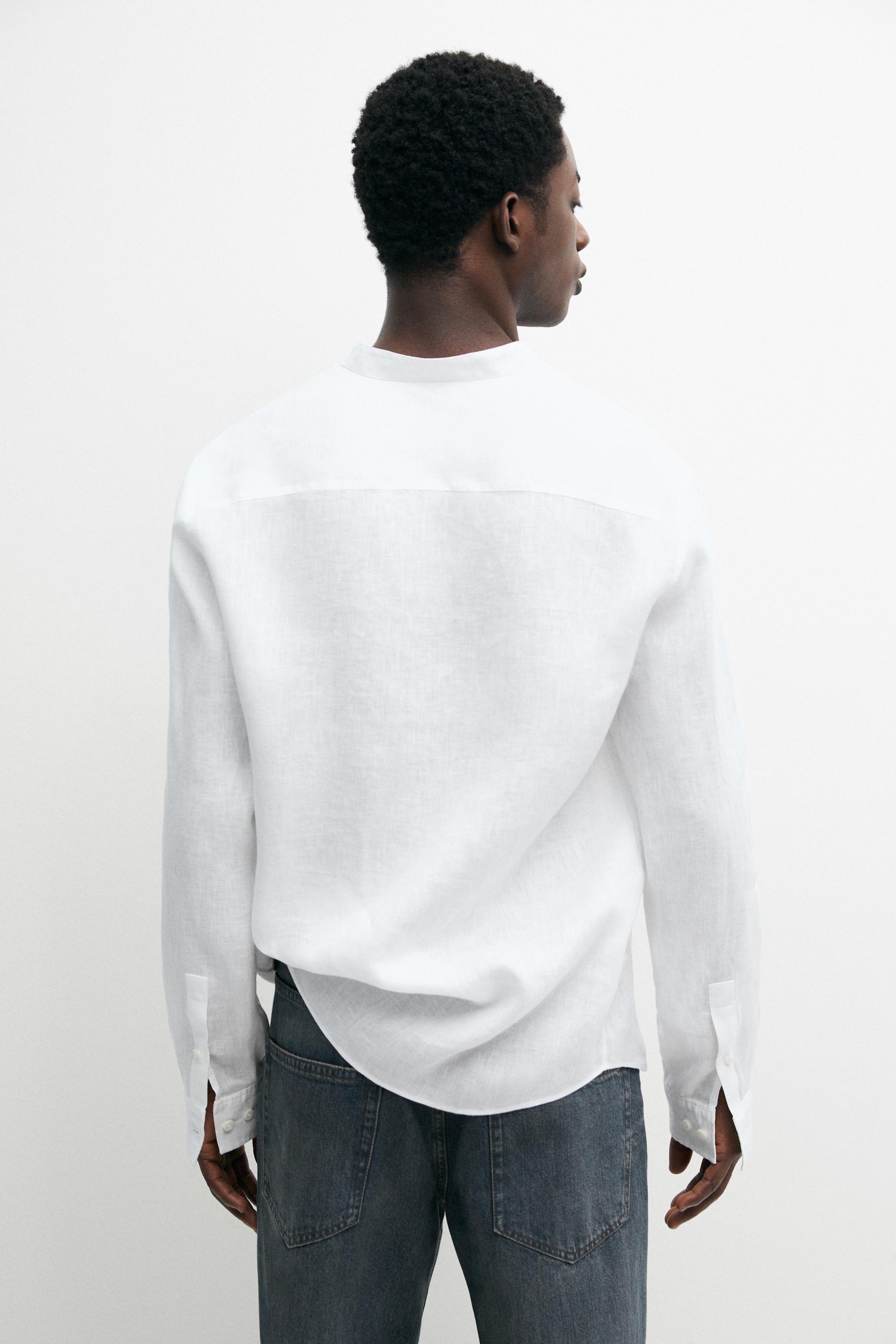 100% linen regular fit stand collar shirt — WHITE