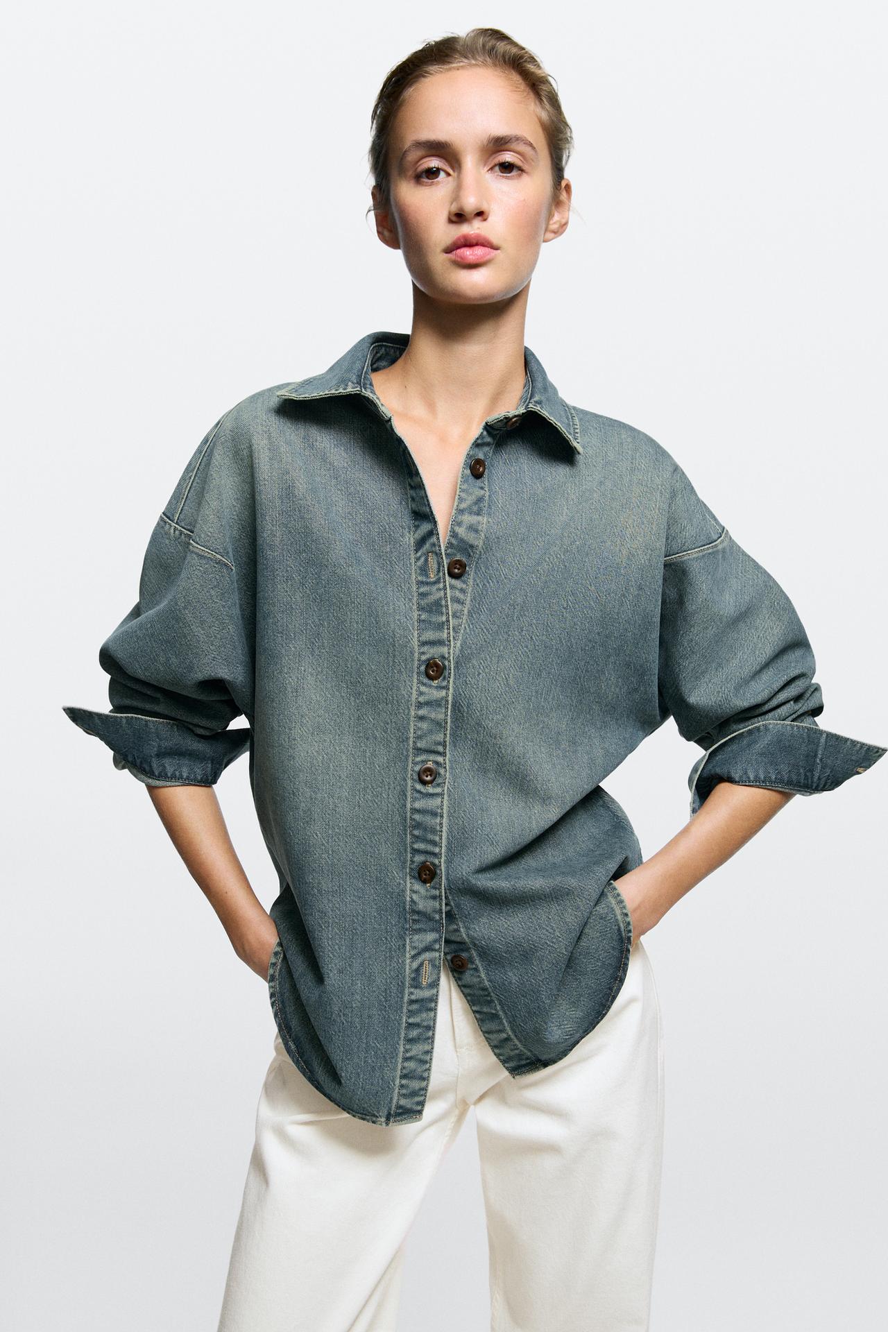 Cotton blend denim shirt — BLUE