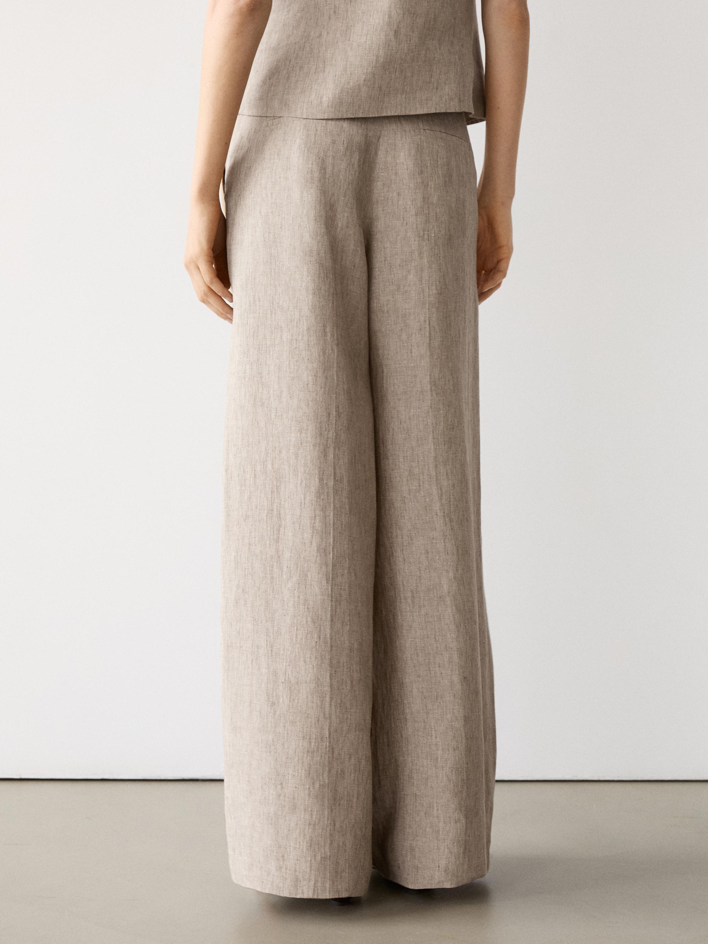 Linen melange trousers with pleated details — BEIGE