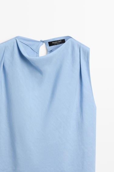 Flowing linen blend pleated top — SKY BLUE 4