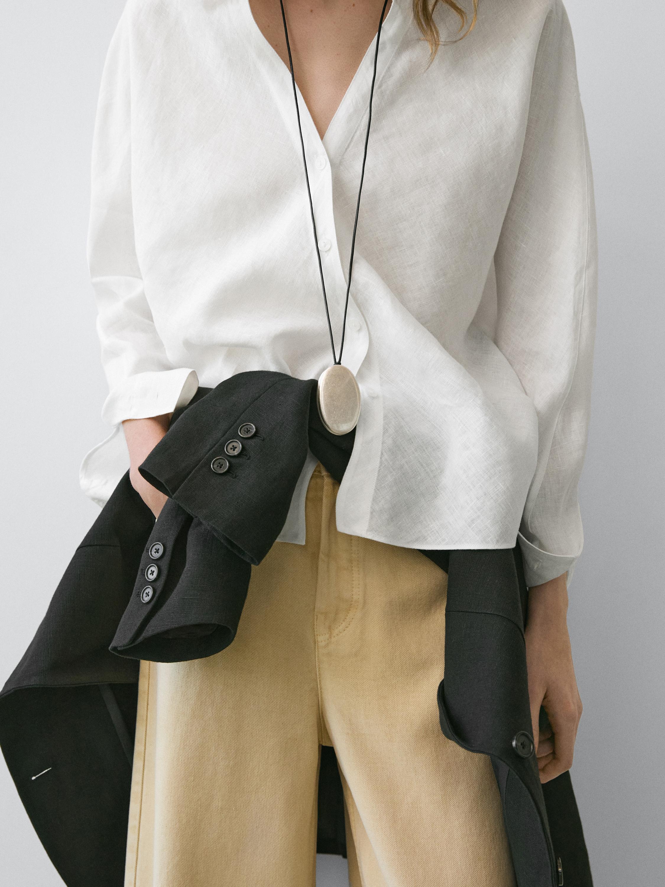100% linen stand collar shirt — WHITE
