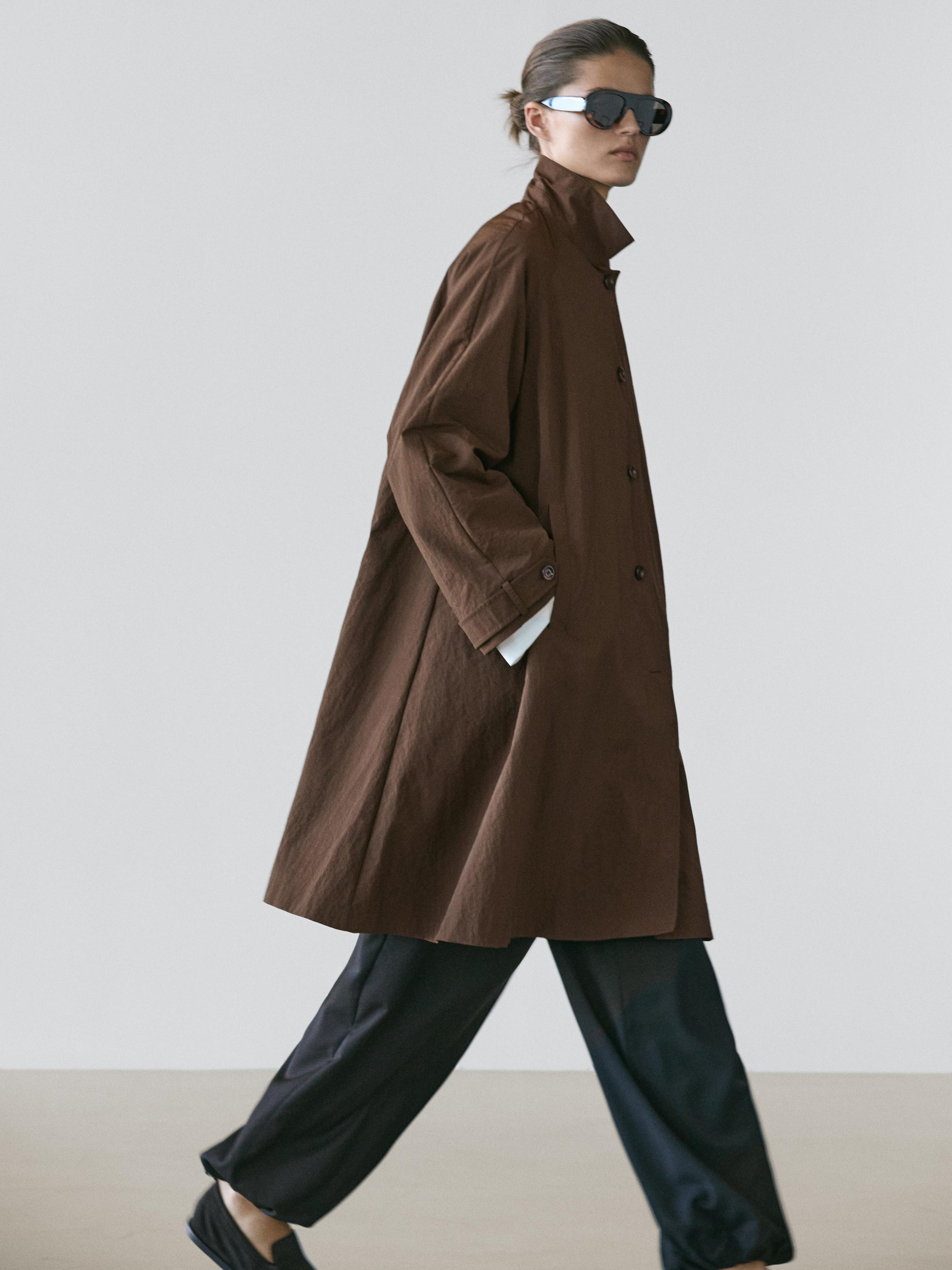 Oversize cape trench with neck detail — BROWN