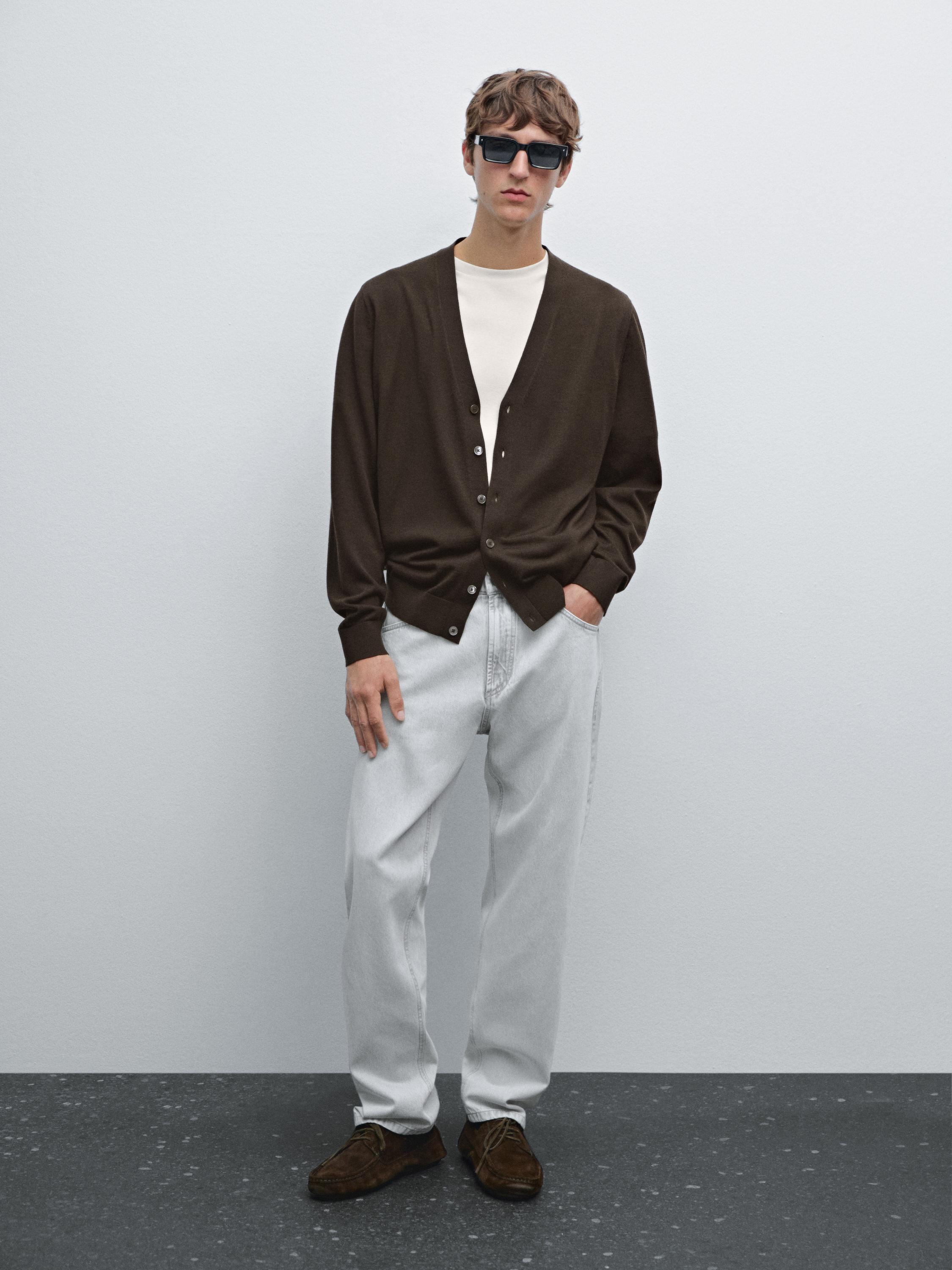 100% merino wool knit cardigan · Brown, Navy Blue · Sweaters