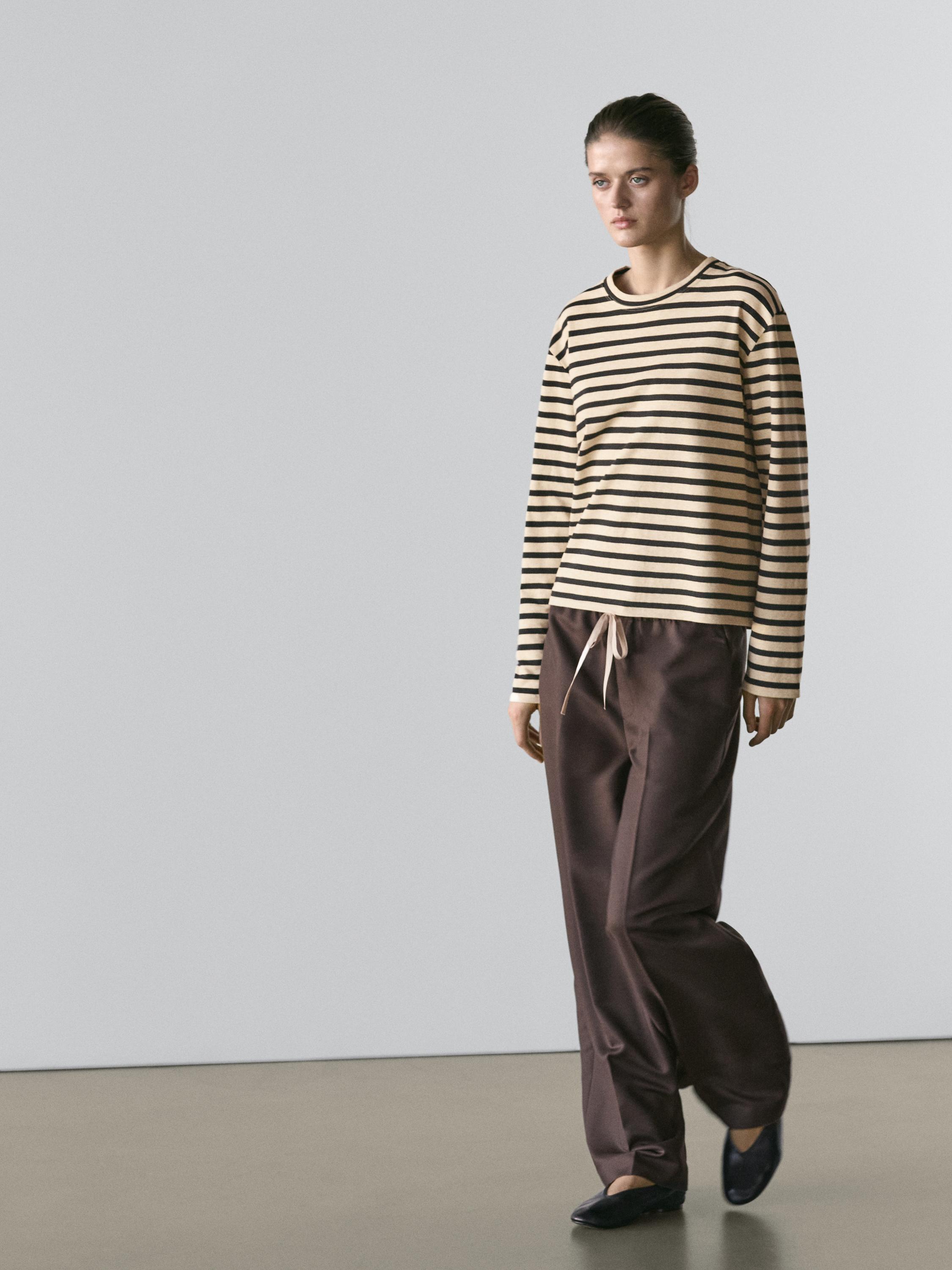 Wool blend contrast drawstring trousers — BROWN