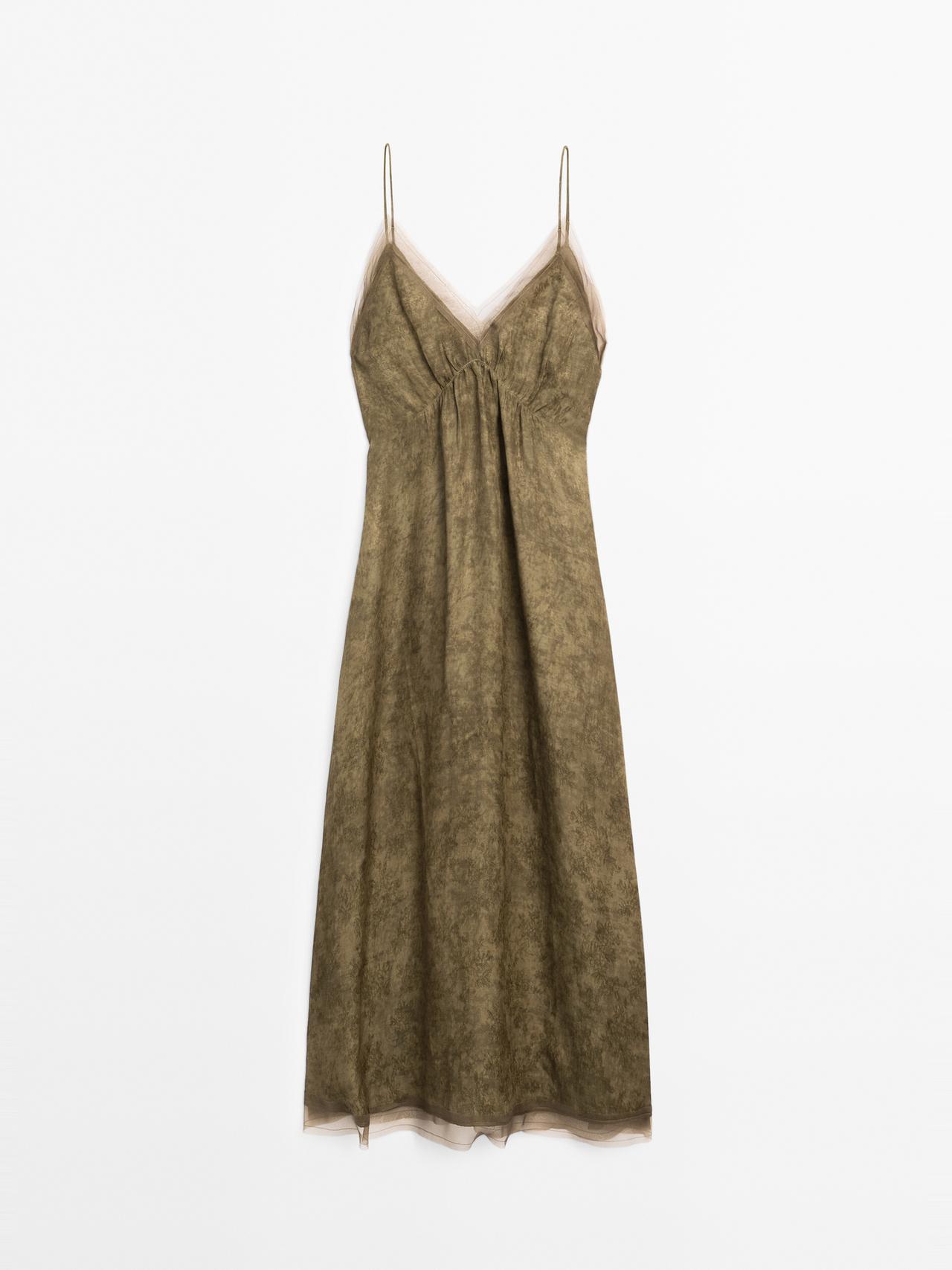 Massimo Dutti - Dame - Lang Chemisekjole Med Gennemsigtig Detalje - Grøn - M