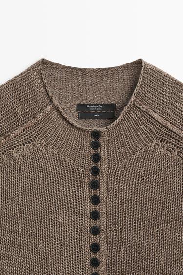 100% linen knit cardigan with buttons — BROWN MARL 5