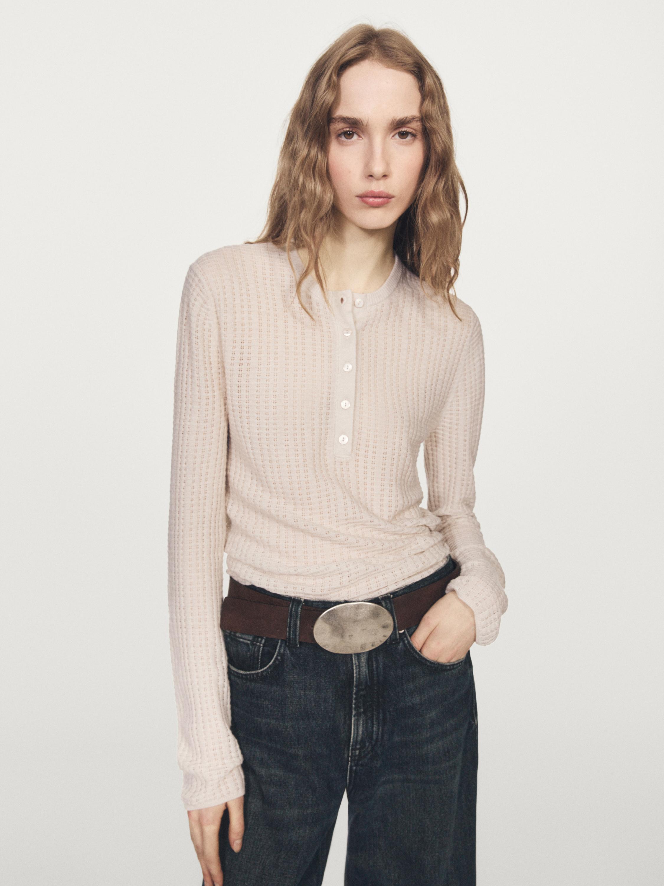 Cutwork wool blend henley sweater