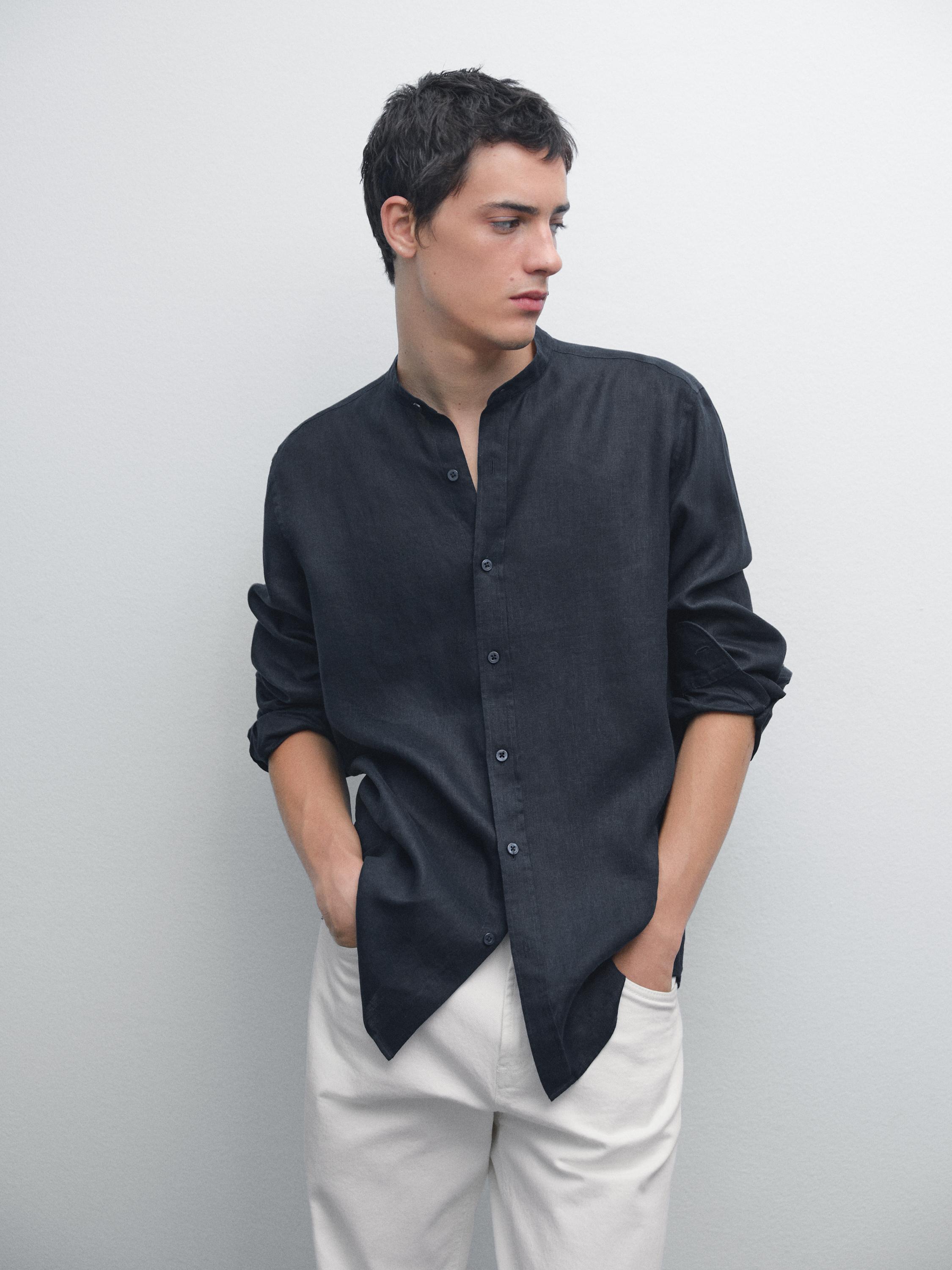 Chemise col mao 100 % lin