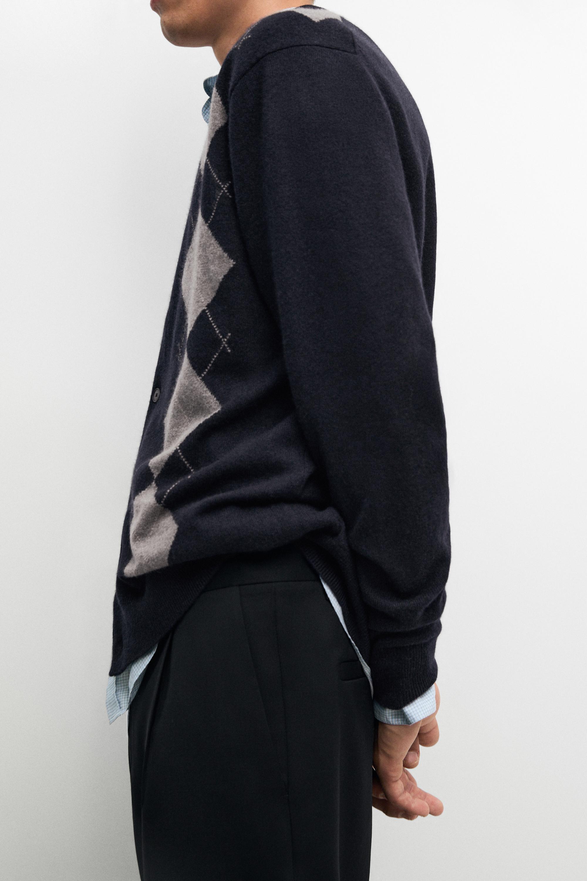 100% cashmere argyle knit cardigan — NAVY BLUE