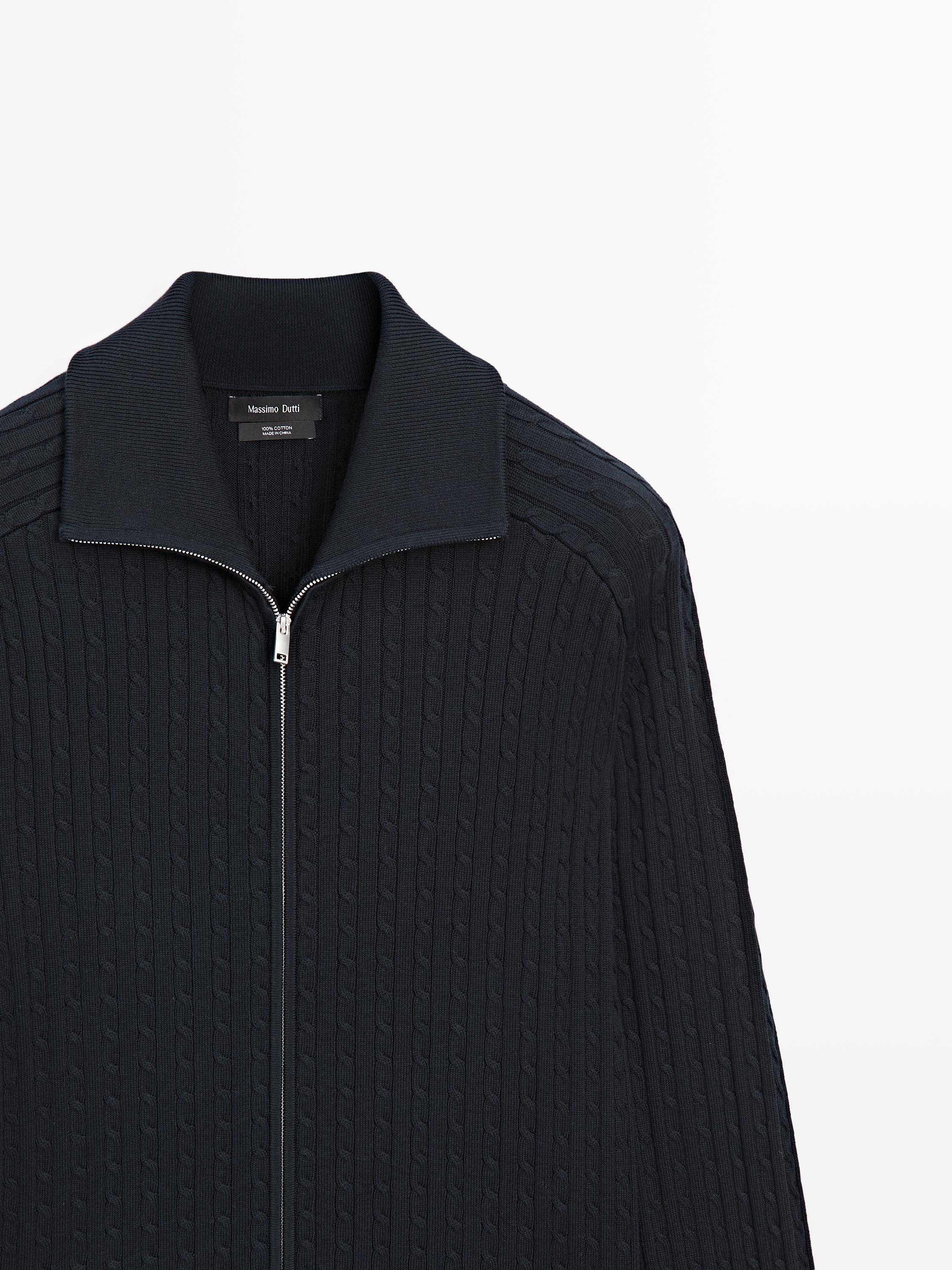 Cotton cable-knit cardigan with zip — NAVY BLUE