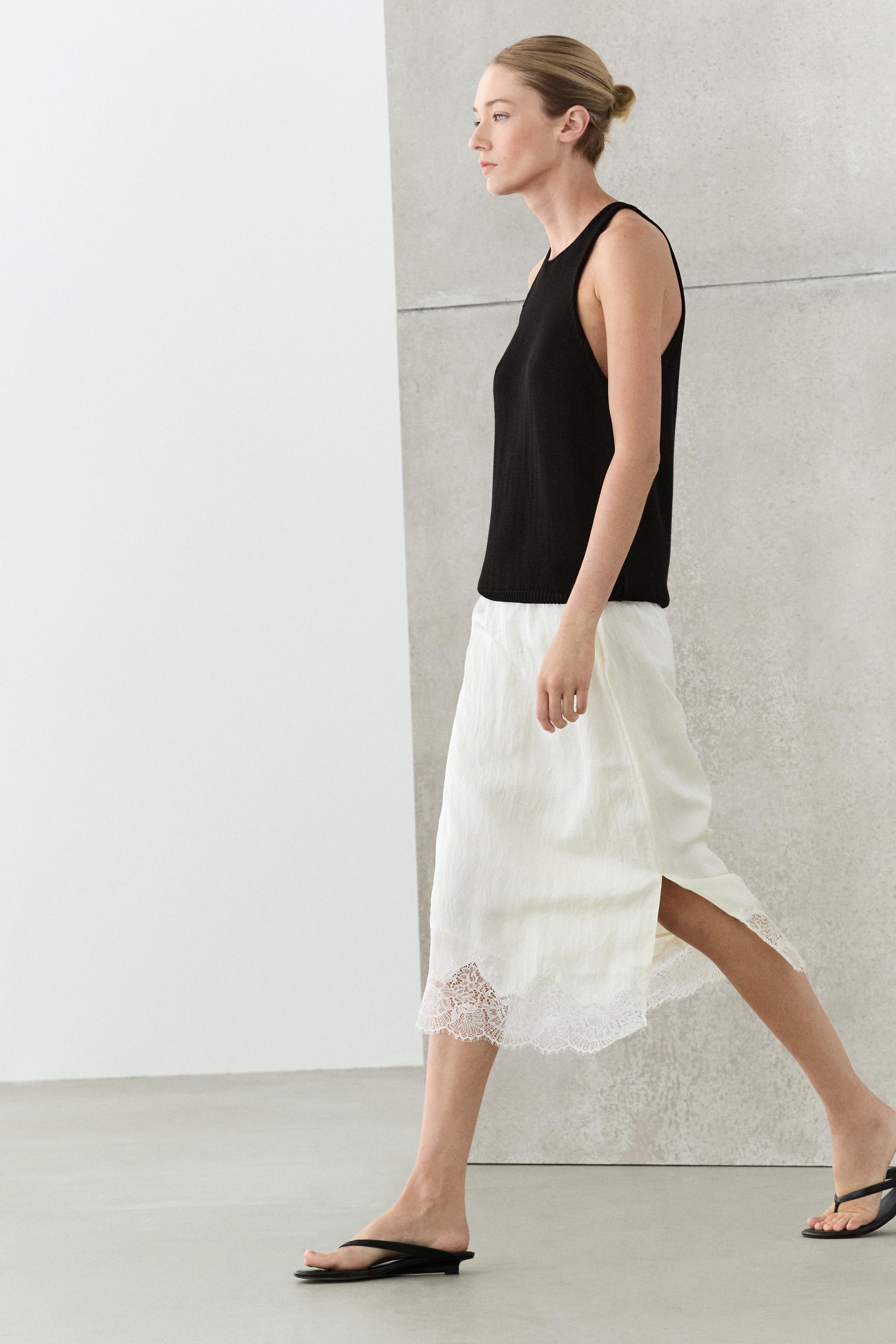 Flowing midi skirt with lace detail — WHITE