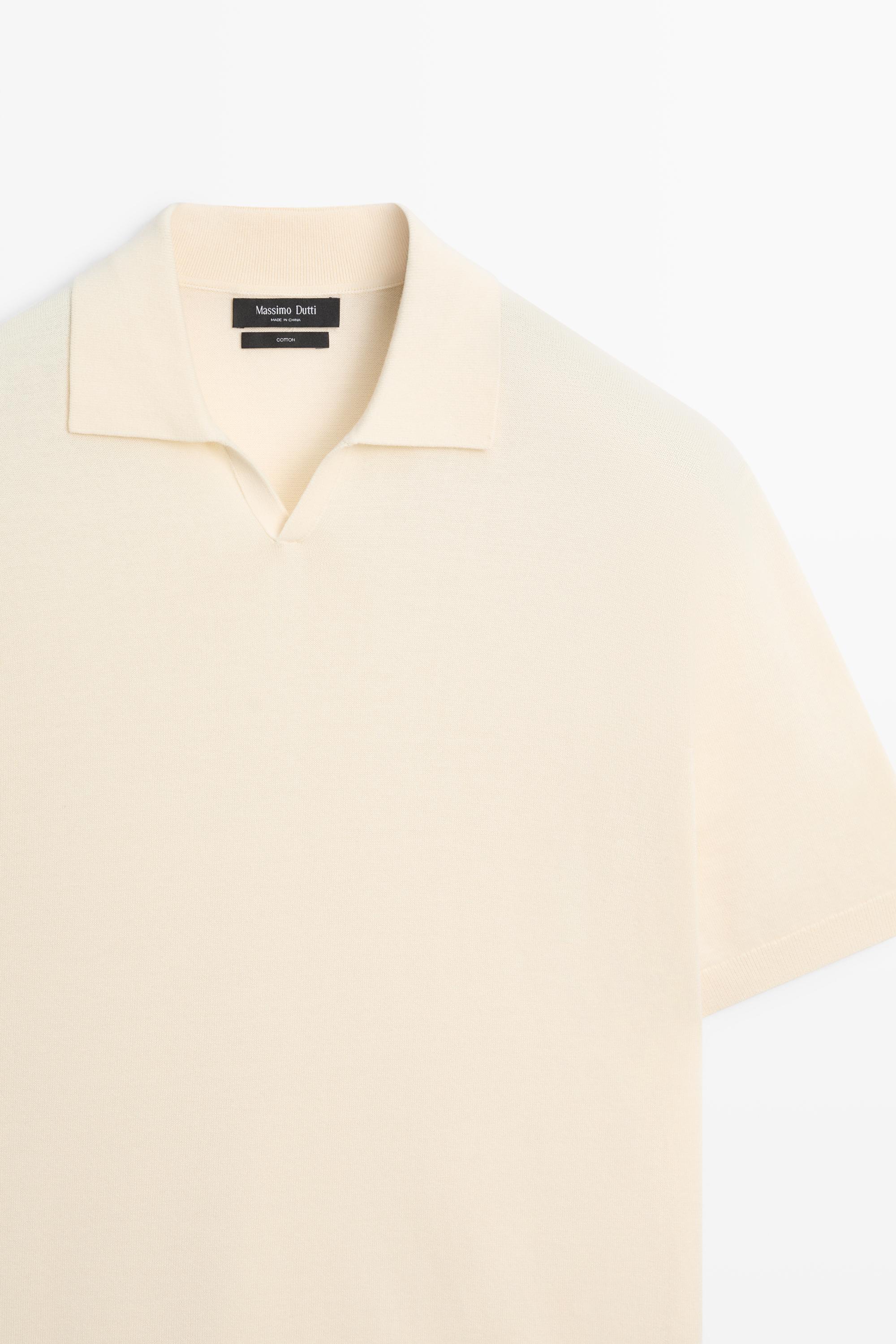 100% cotton V-neck knit polo — CREAM