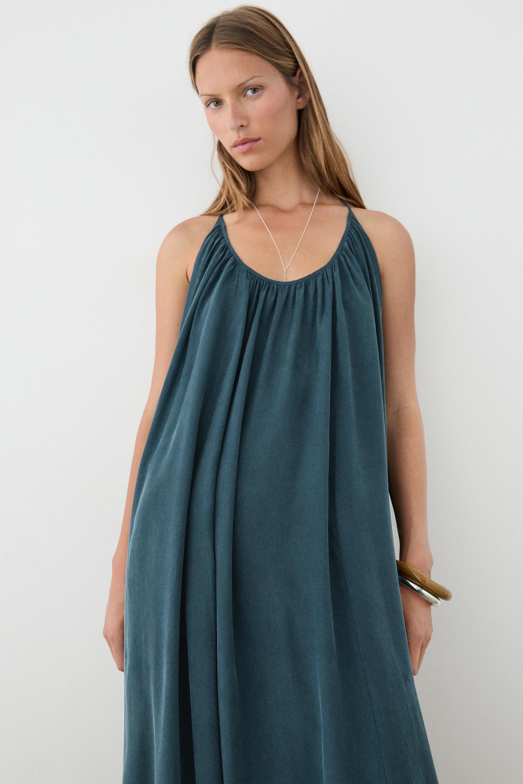 Midi dress with gathered neckline