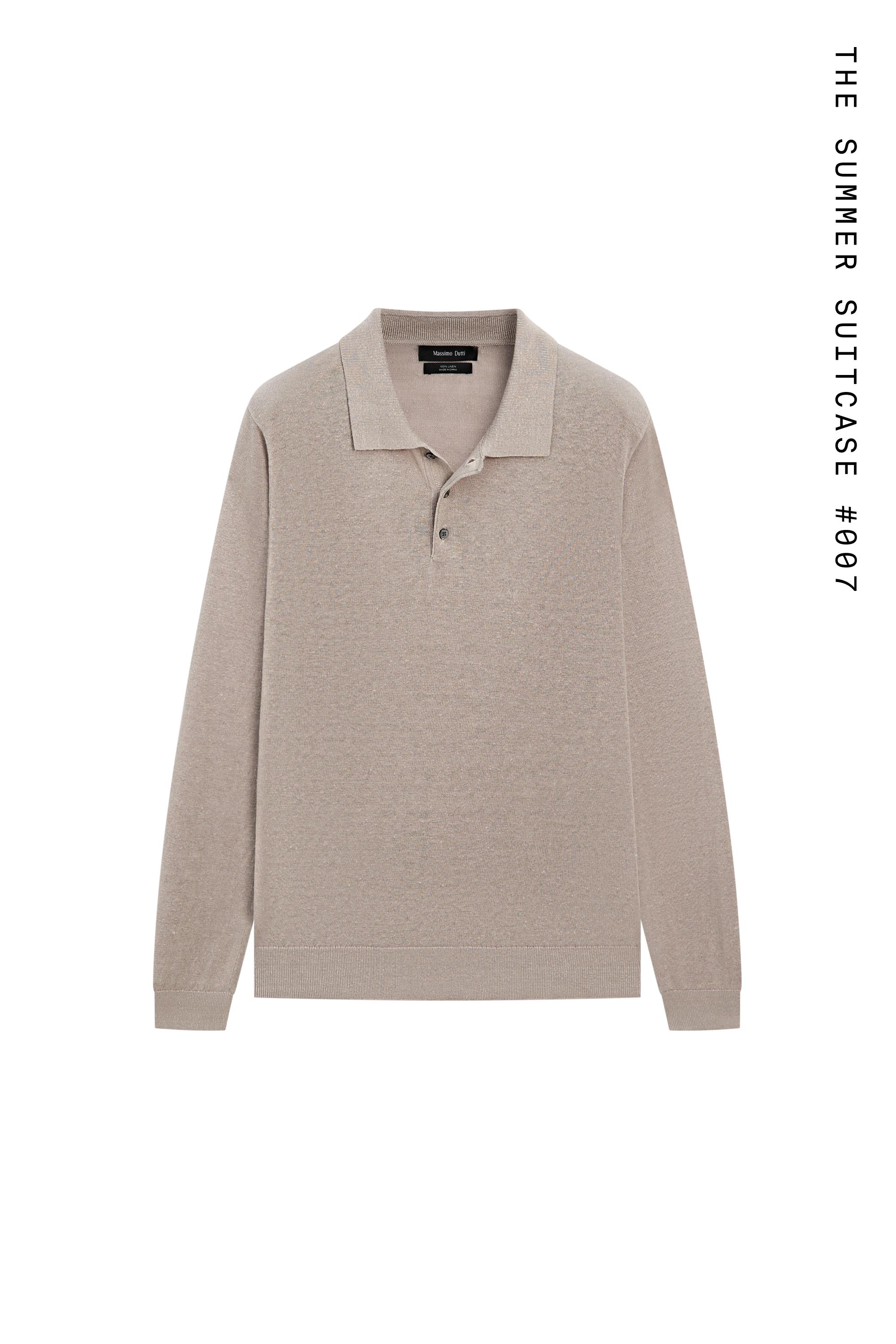 100% linen knit polo collar sweater — STONE