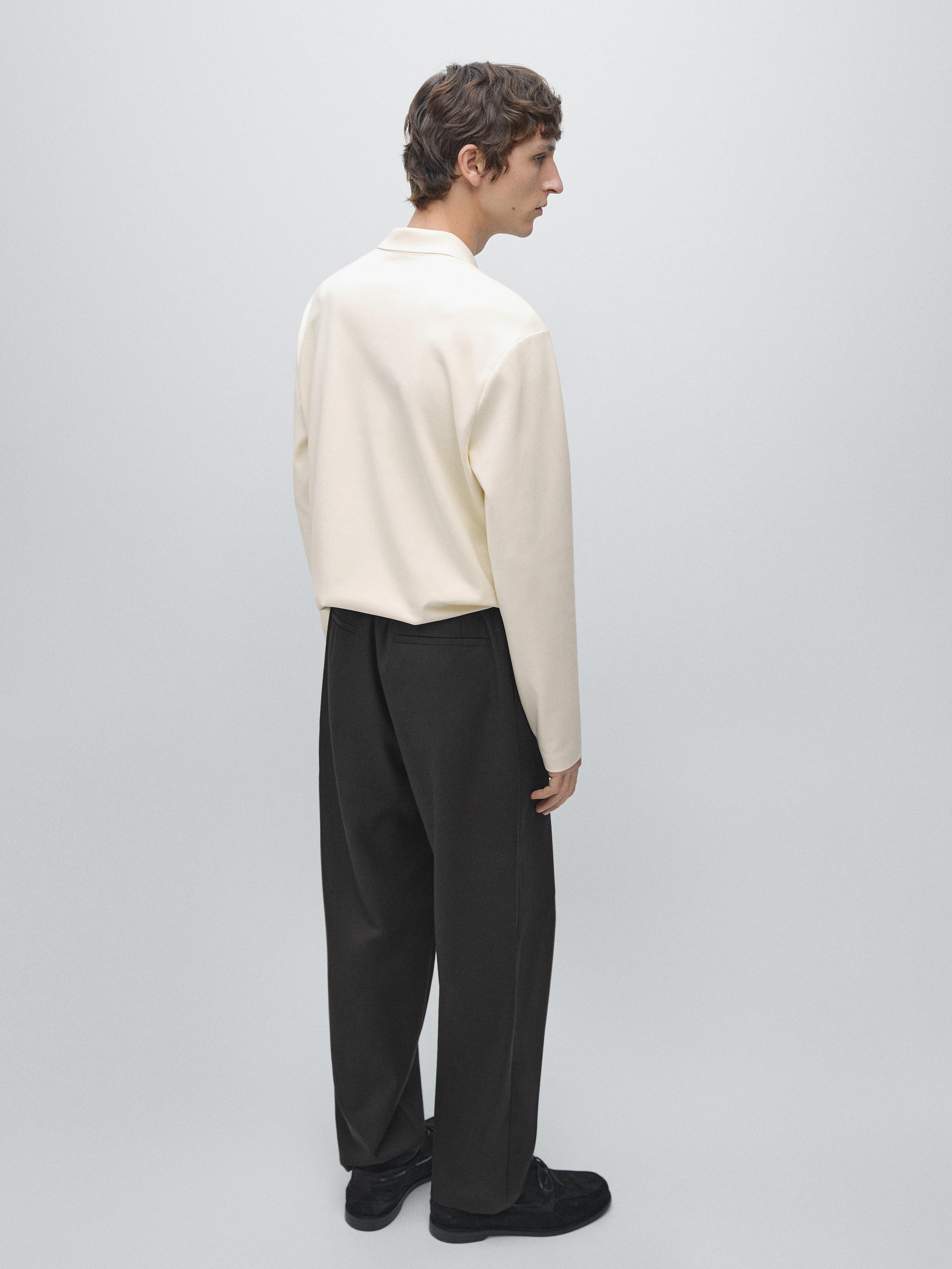 Long sleeve polo shirt with ribbed detail — CREAM