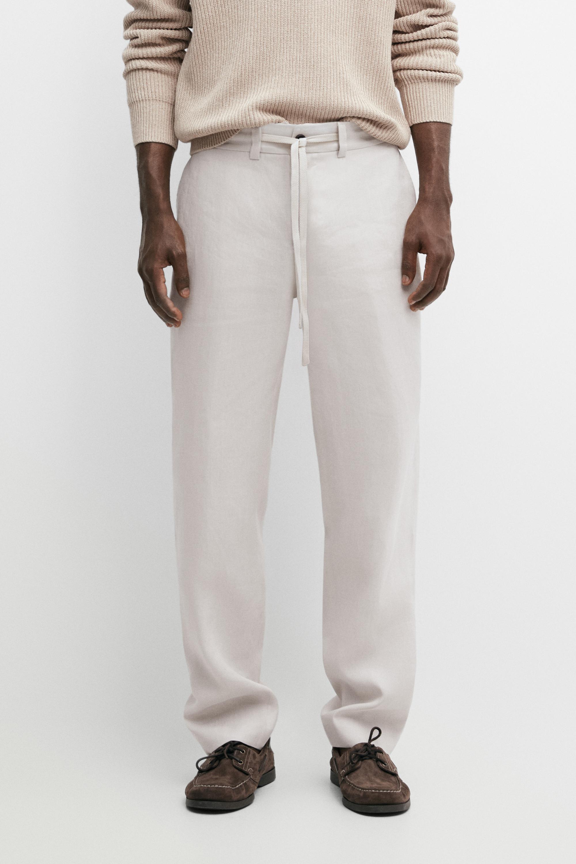 100% linen trousers with elasticated waist — Light Beige