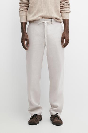 100% linen trousers with elasticated waist — Light Beige 3