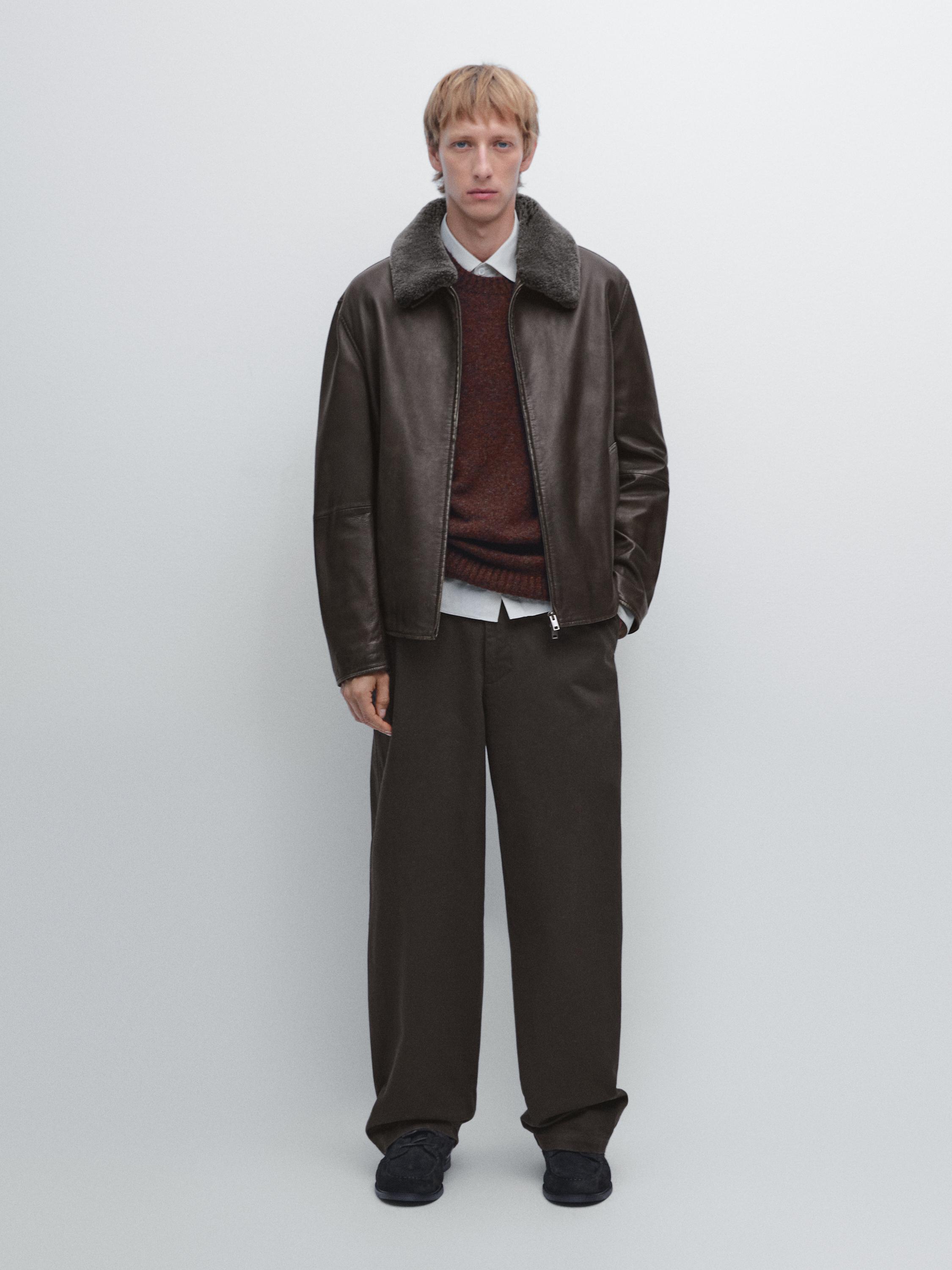 Nappa leather jacket with sheepskin collar