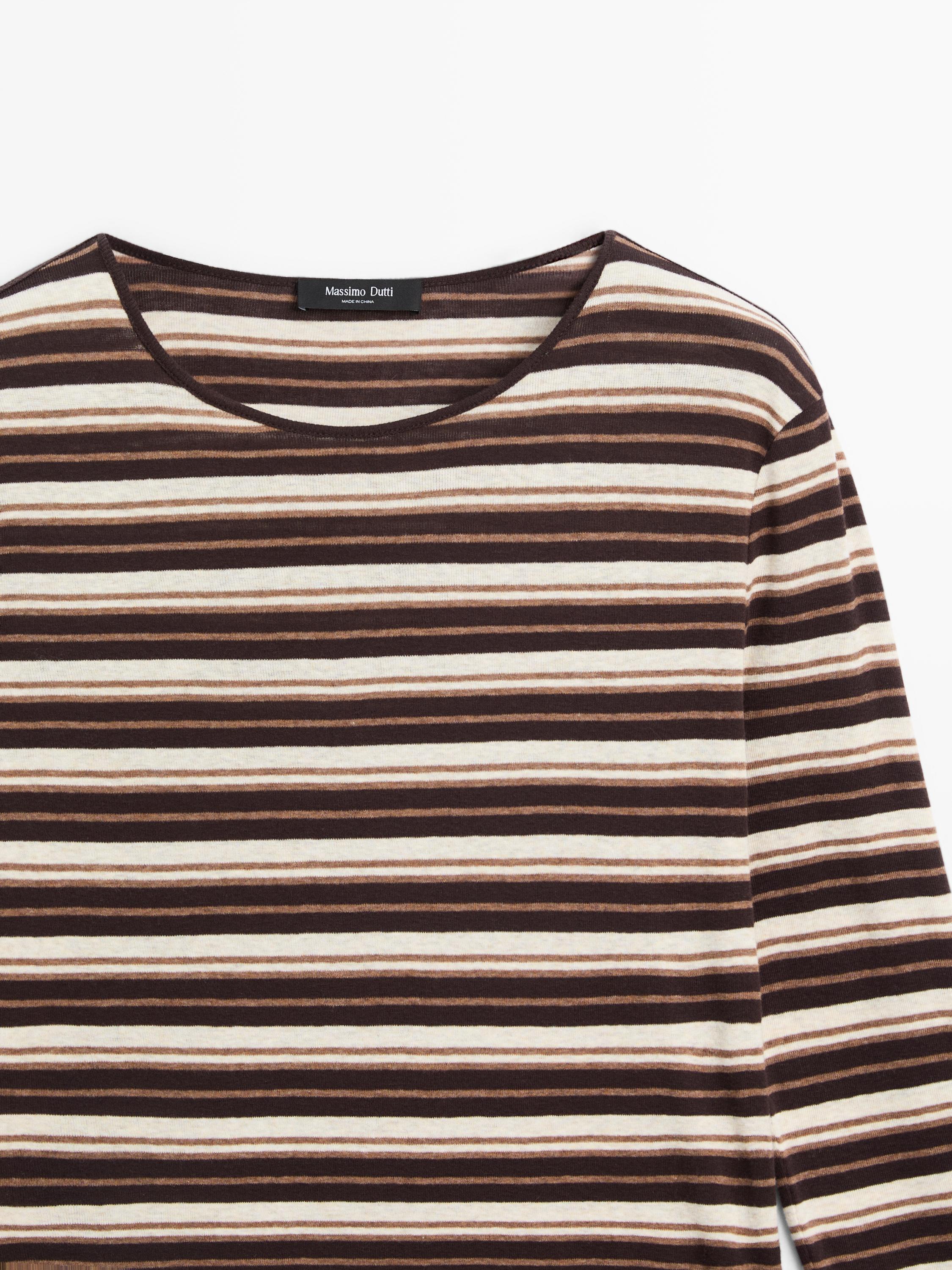 Cotton blend striped long sleeve T-shirt — BROWN