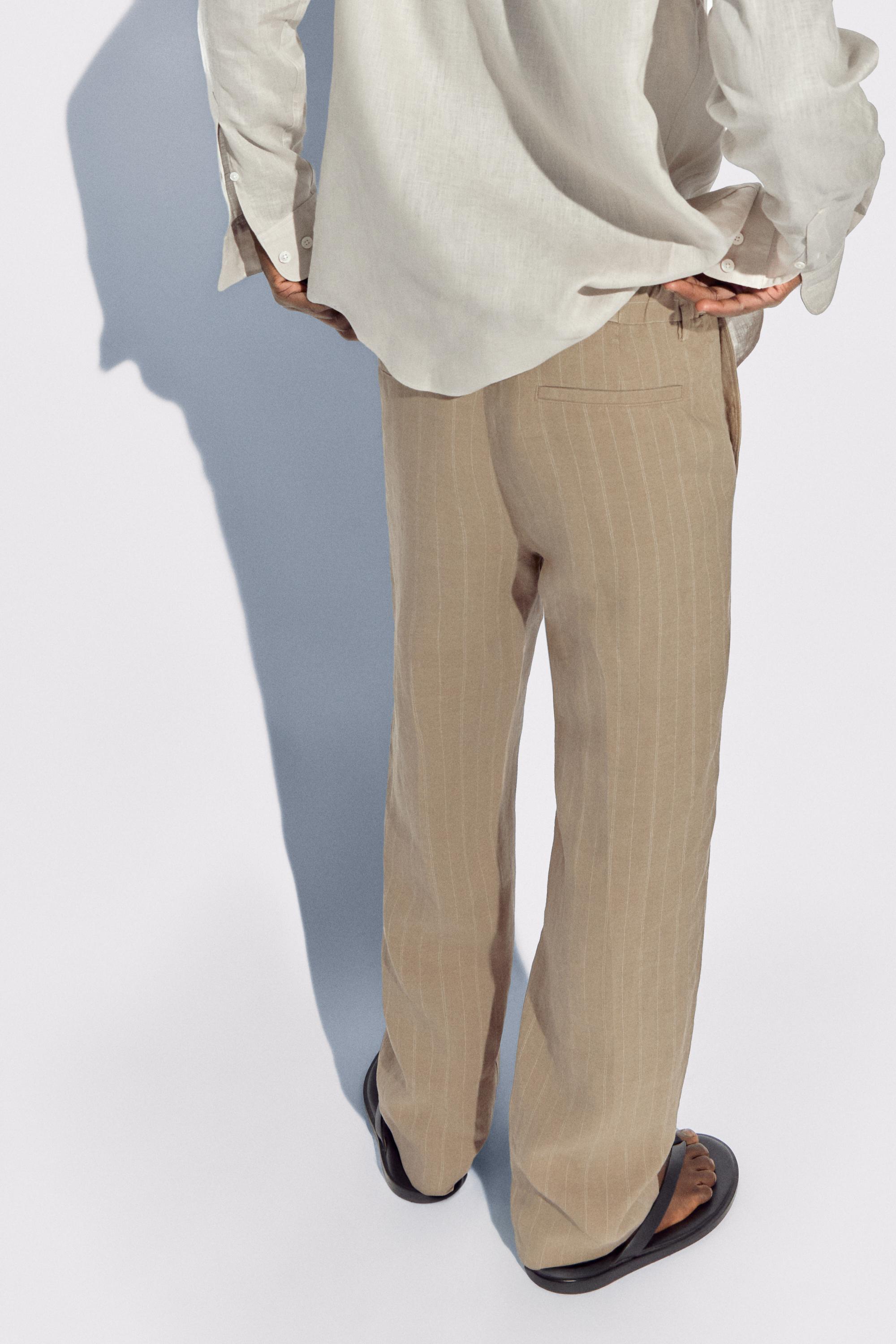 100% linen striped pants — BEIGE