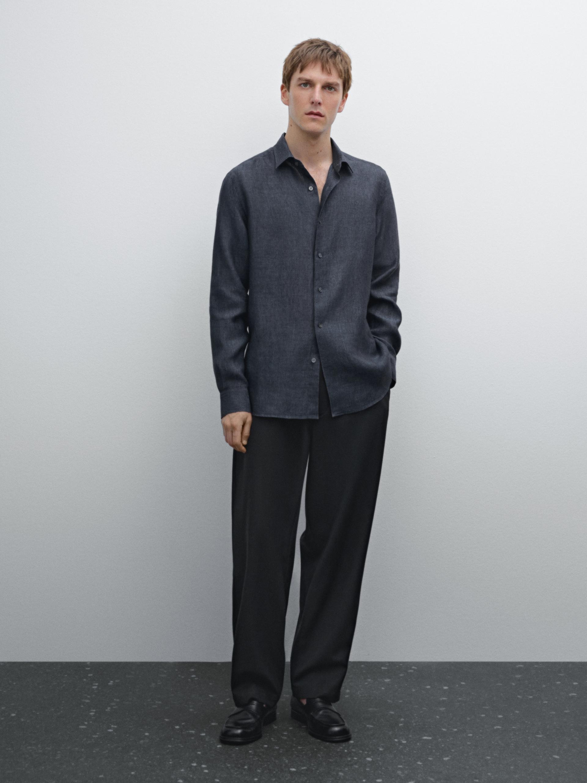 Koszula O Kroju Slim Z Efektem Sprania 100% Len - Niebieski Sprany - Xl - Massimo Dutti - Mężczyzna