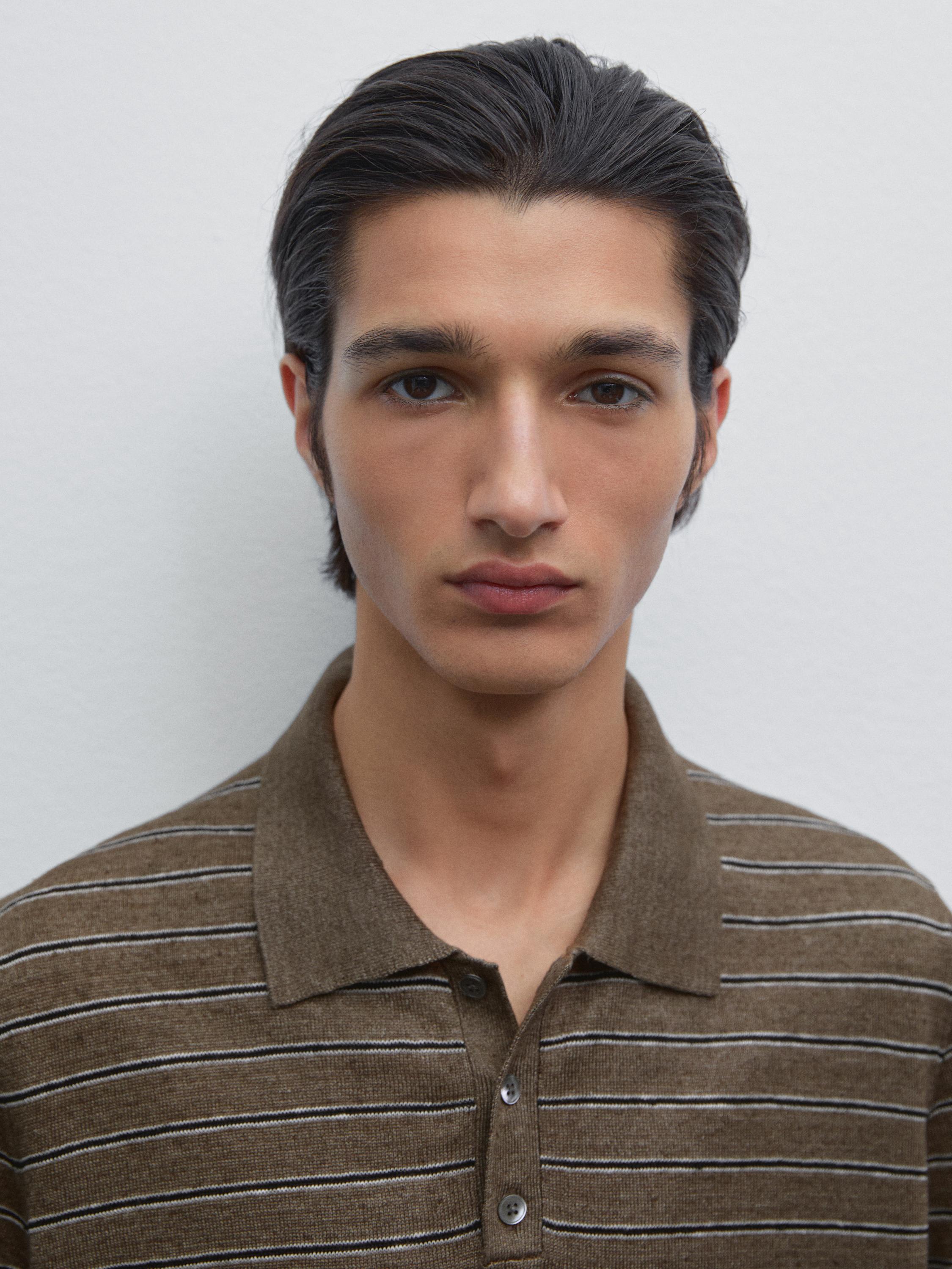 100% linen striped knit polo shirt
