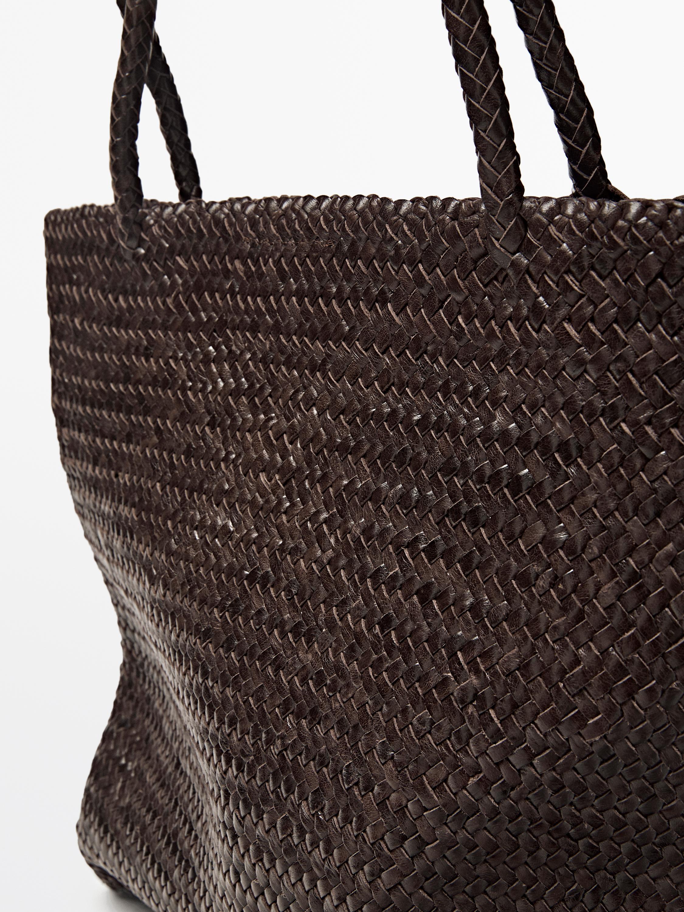 Medium braided nappa leather tote bag — BROWN