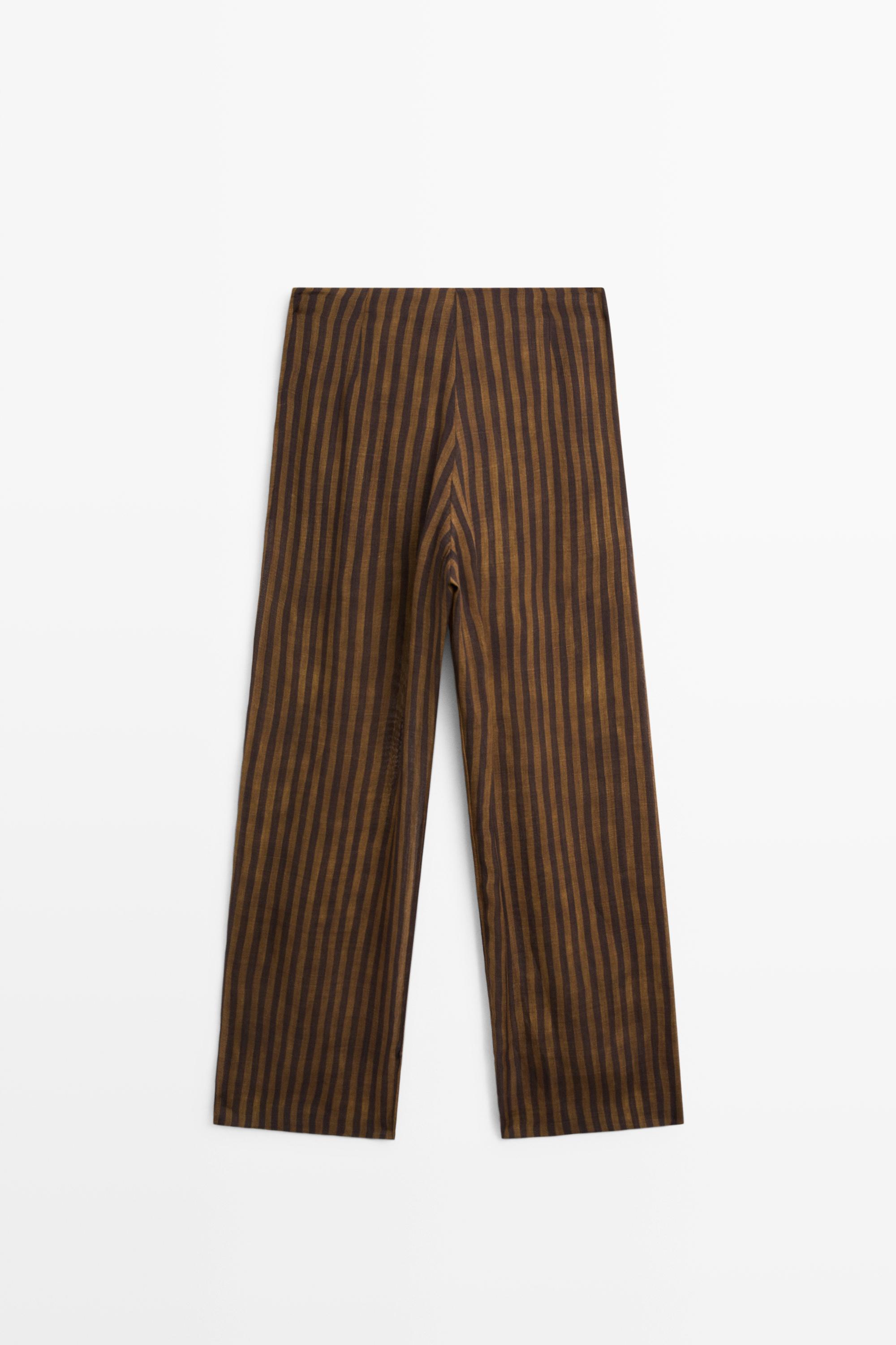 Total look flowing striped pants with button hem — DARK KHAKI