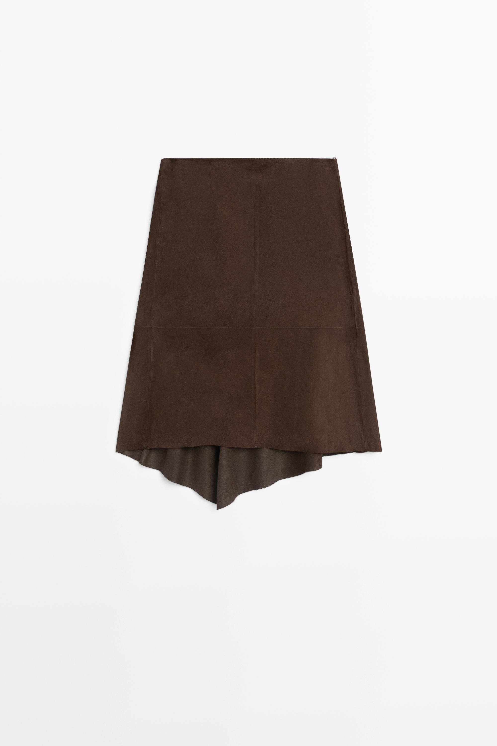 Suede leather midi skirt with ruffle detail — BROWN