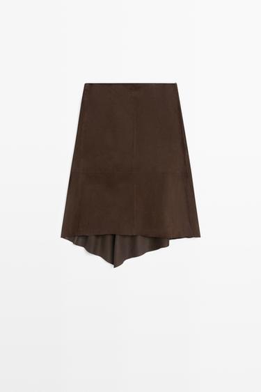 Suede midi skirt with ruffle detail — BROWN 6