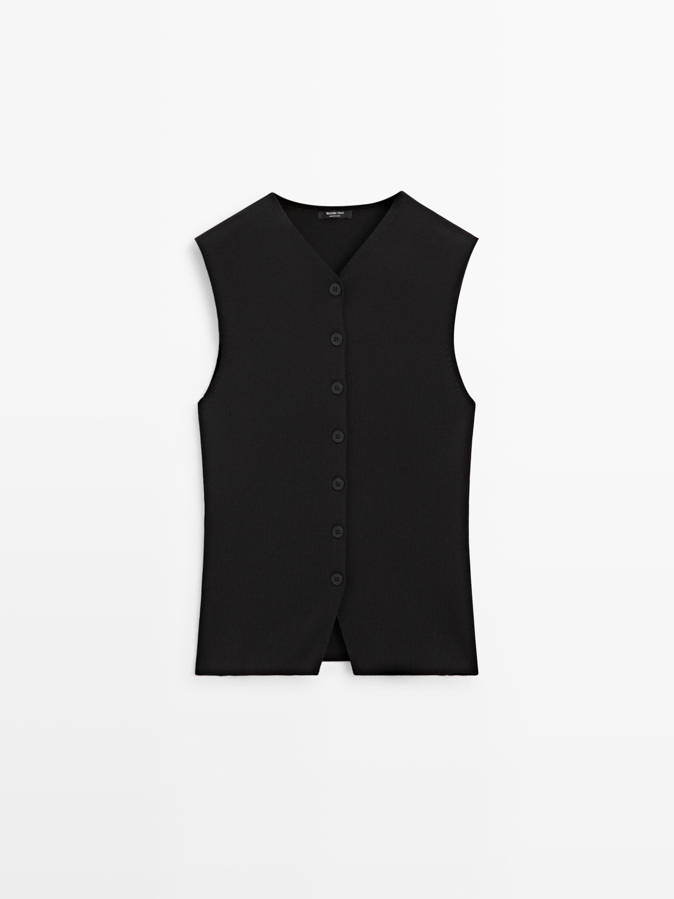 Front view of a black vest with a V-neck and central buttoning.