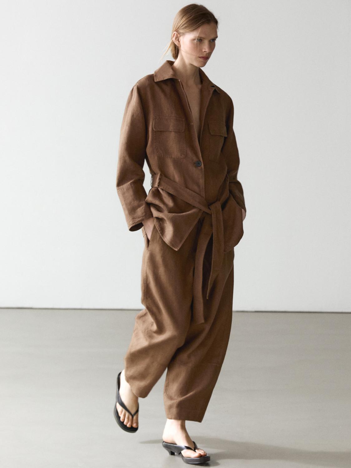100% linen blazer with pockets and belt detail — BROWN