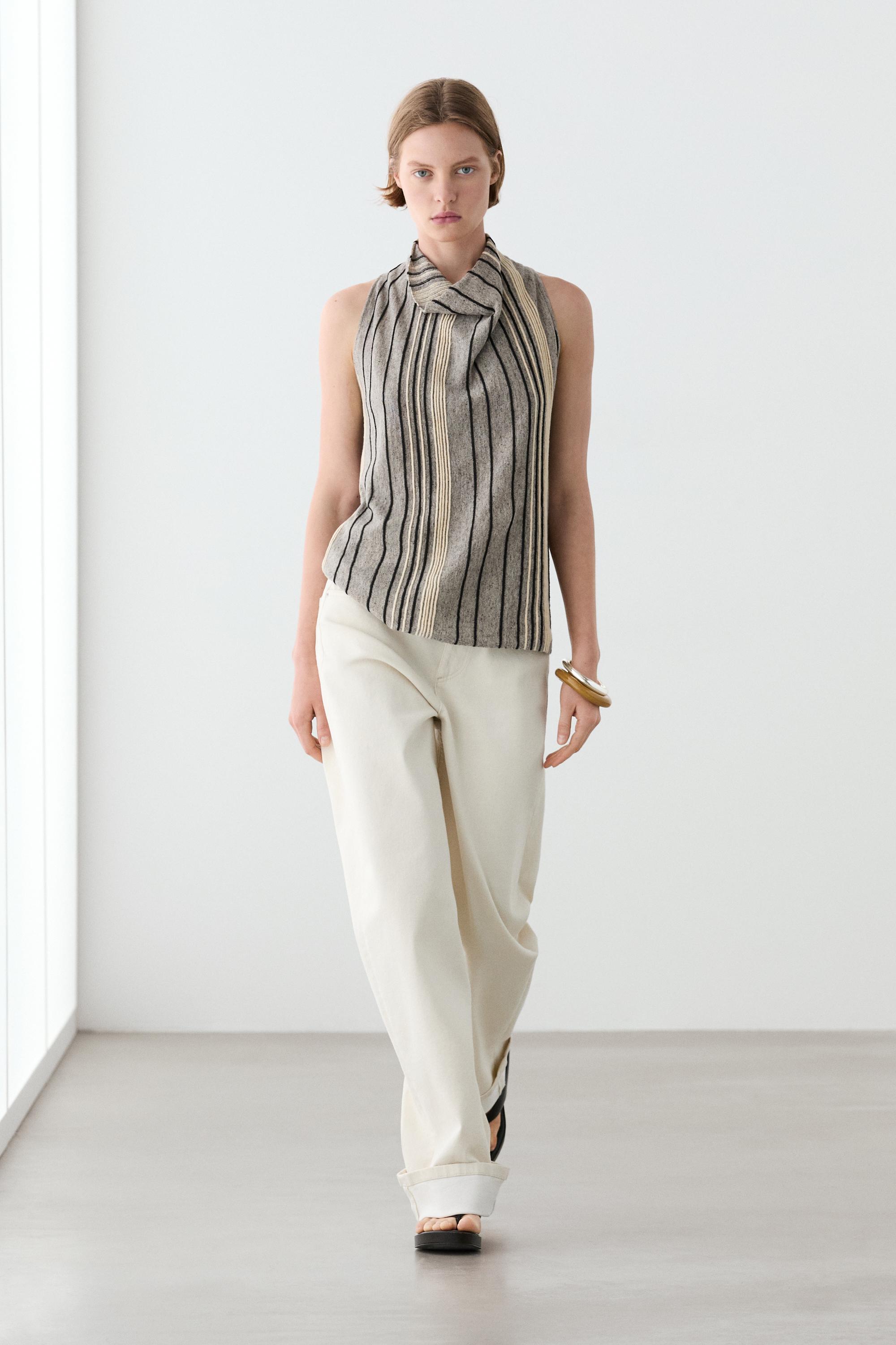 Linen blend top with draped neckline