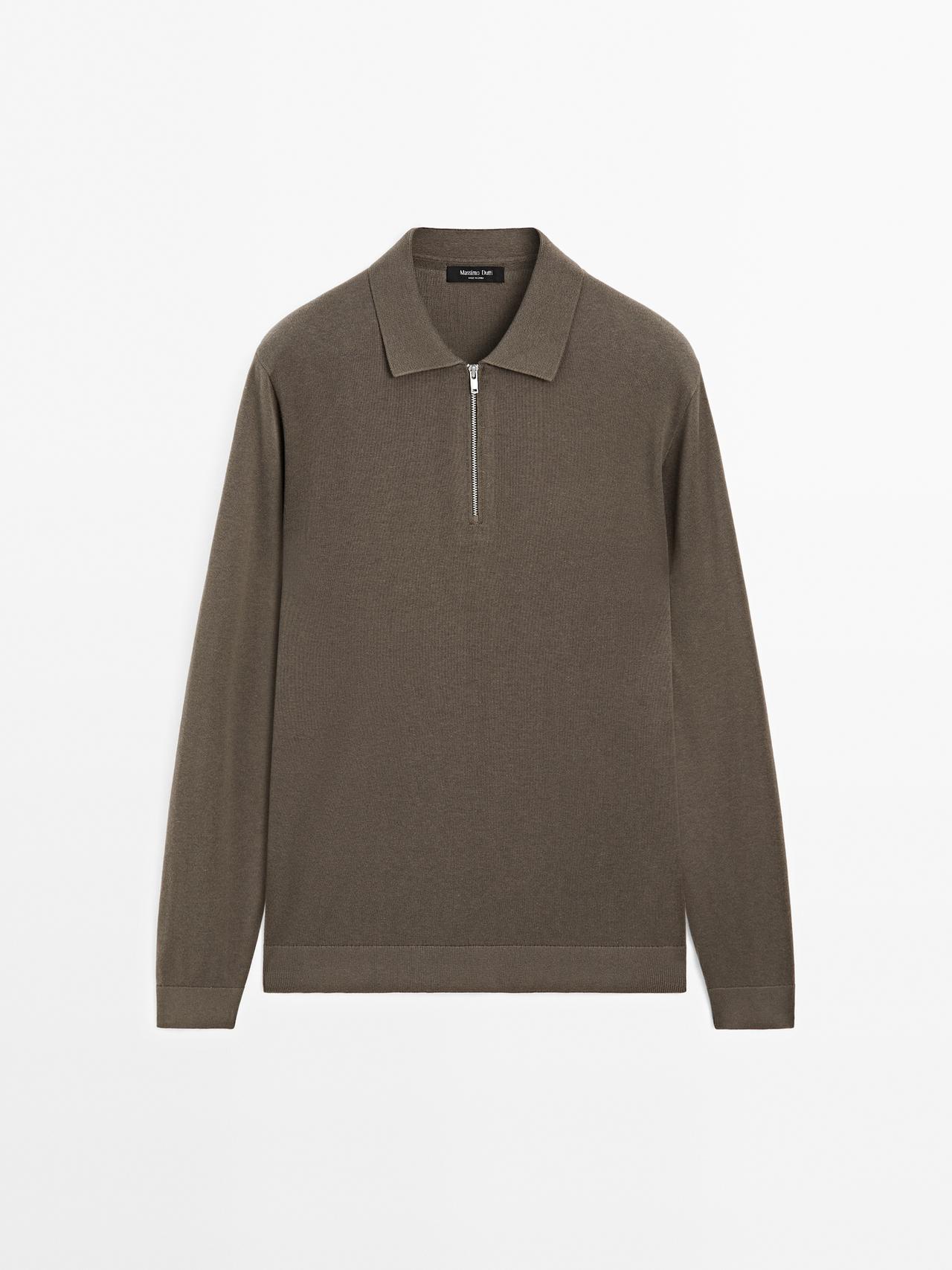 Massimo Dutti - Herre - Polotrøje I Strik Med Lynlås - Kaki - Xl