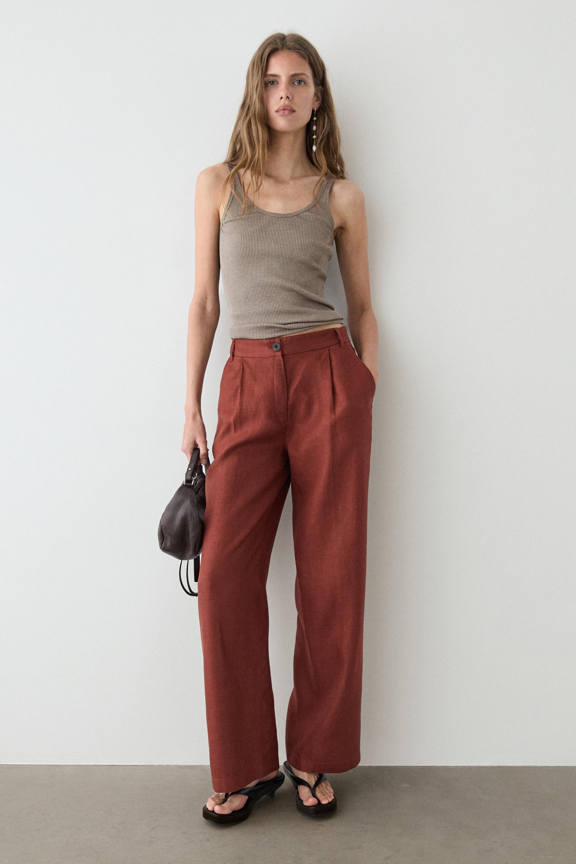 100% linen wide-leg elasticated trousers — Orange