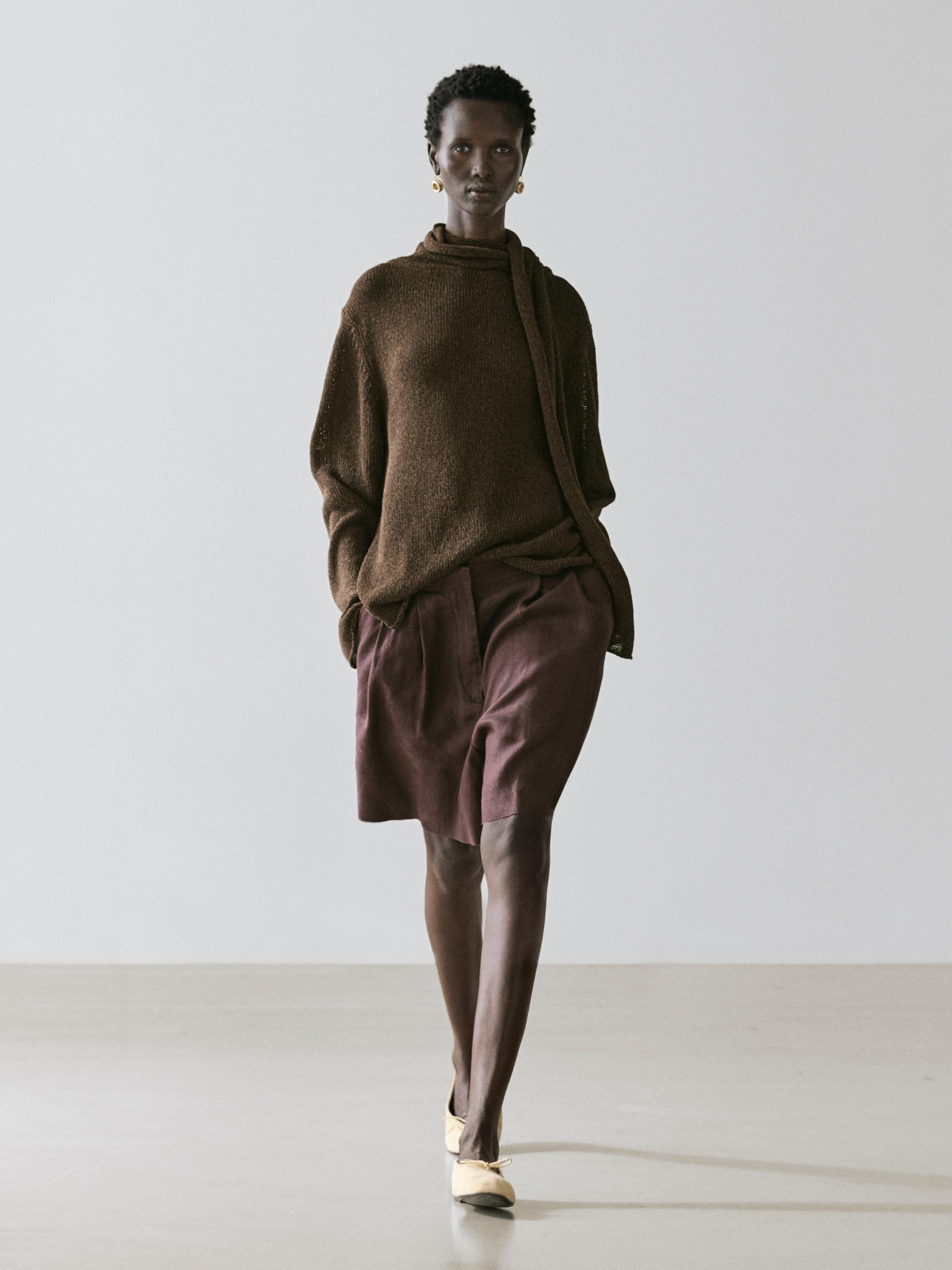 100% linen short pleated Bermuda shorts — AUBERGINE
