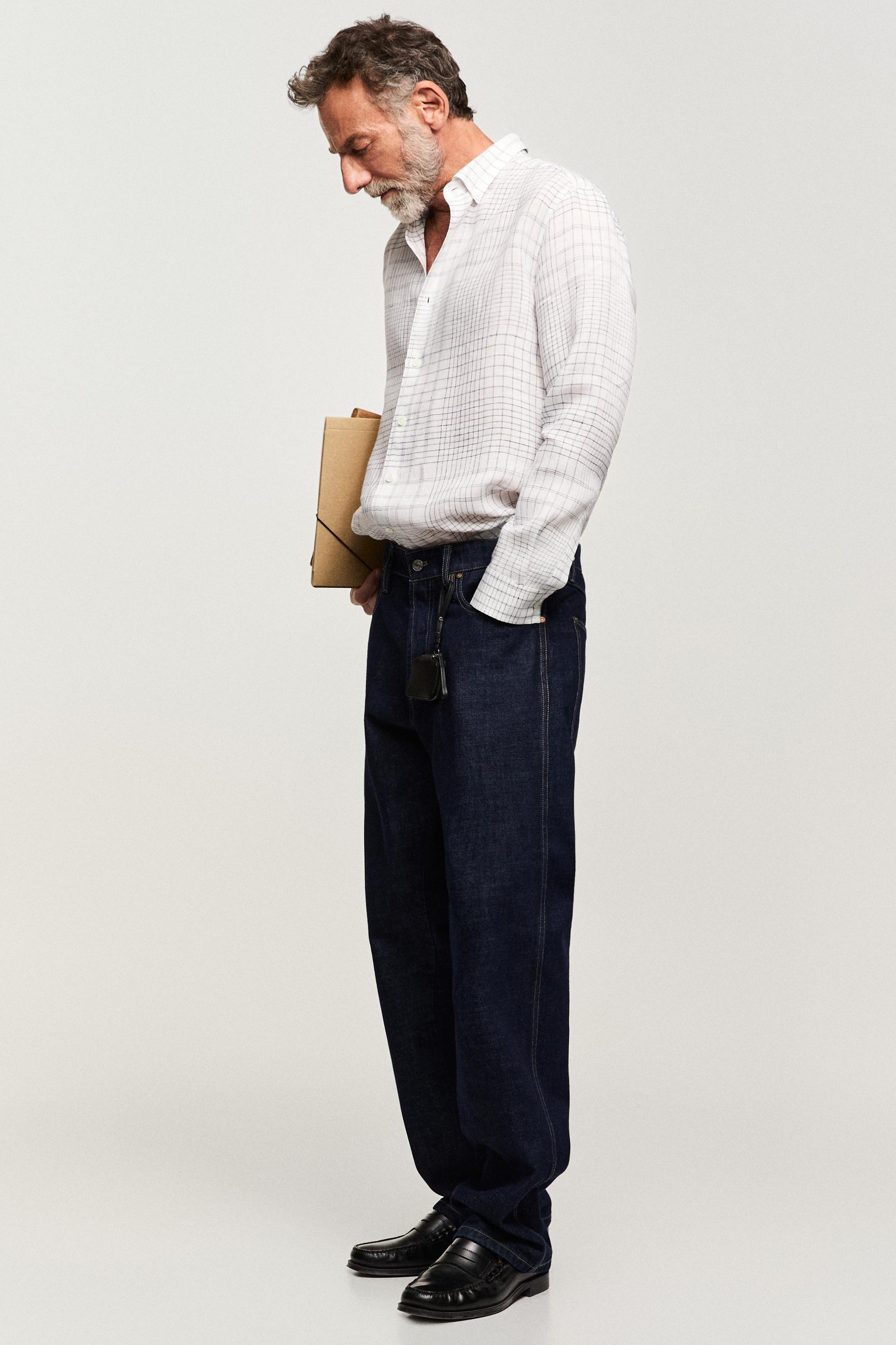 100% linen regular fit check shirt — WHITE