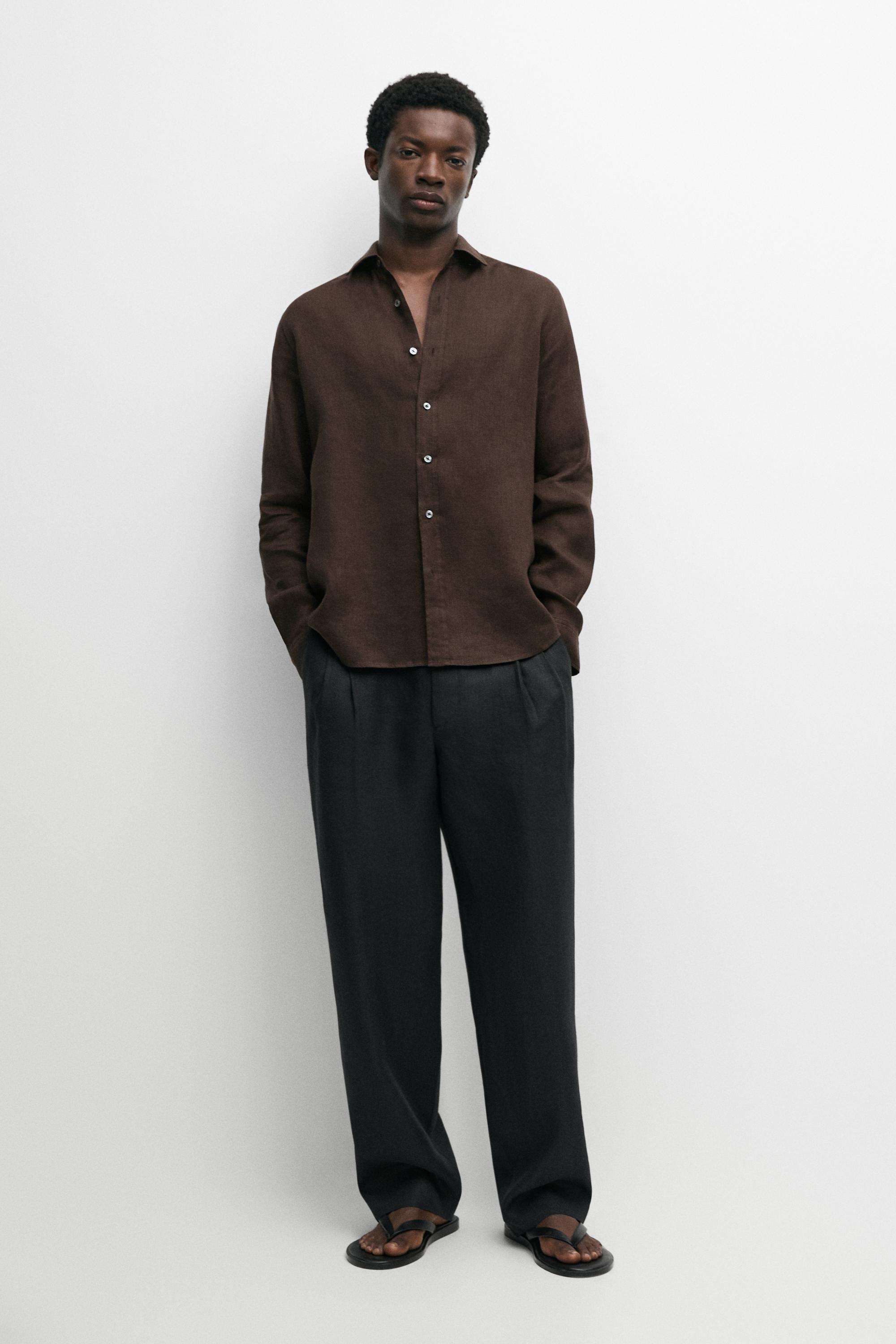 Regular fit 100% linen shirt — BROWN