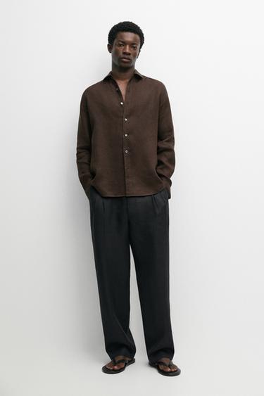 Regular fit 100% linen shirt — BROWN 1