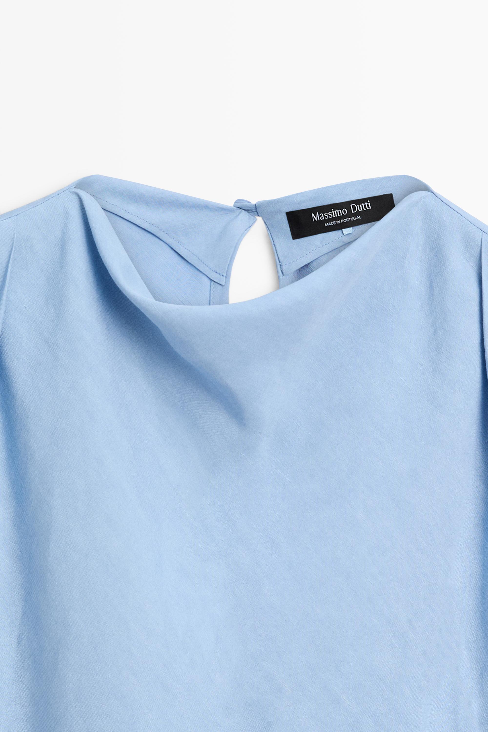 Flowing linen blend pleated top — SKY BLUE