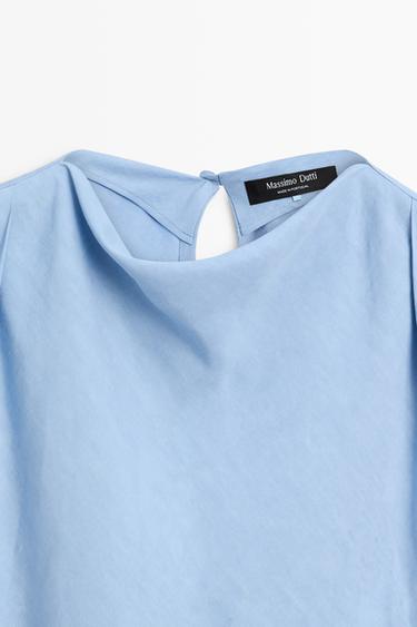 Flowing linen blend pleated top — SKY BLUE 9