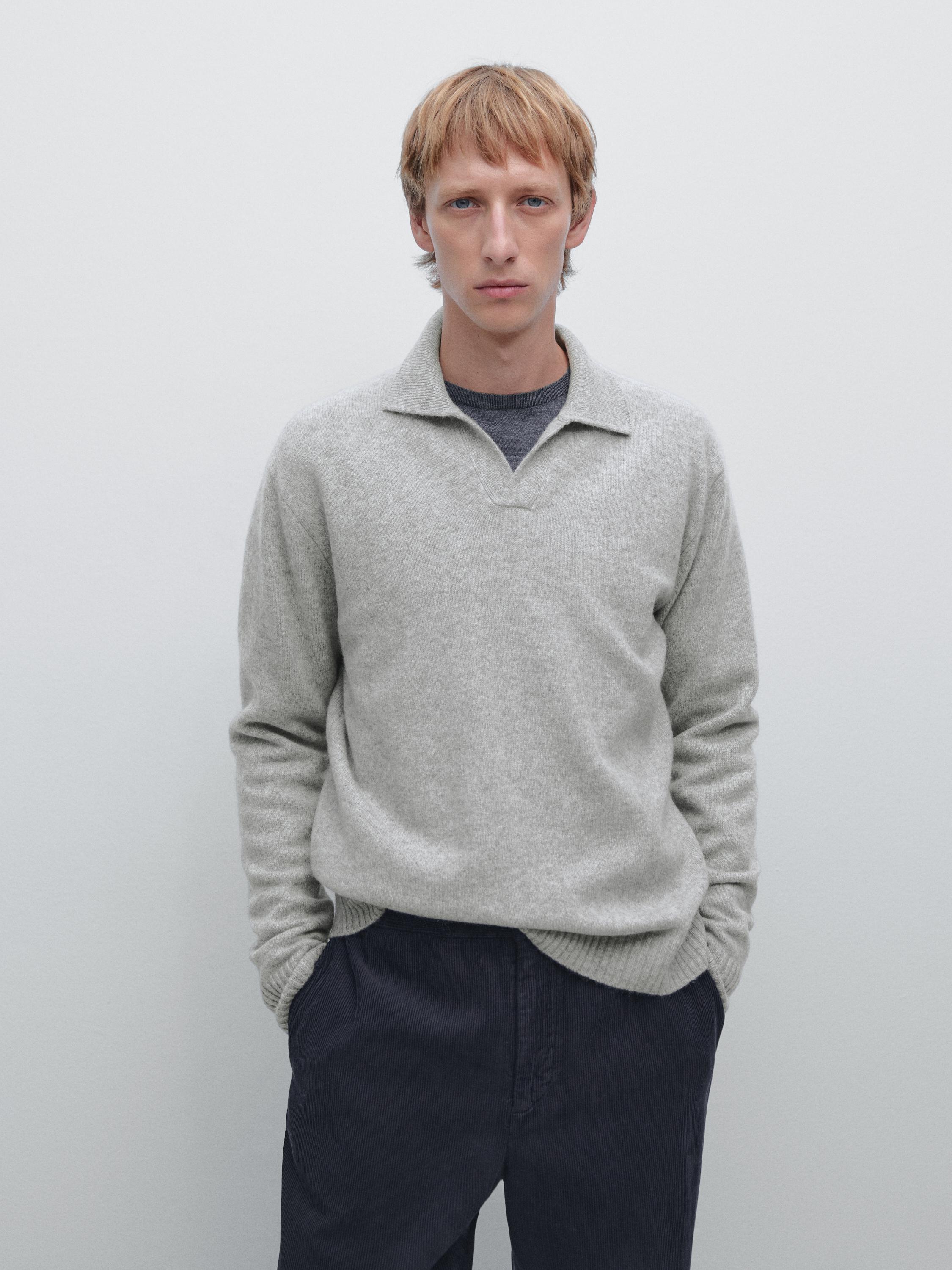 Wool blend V-neck polo sweater