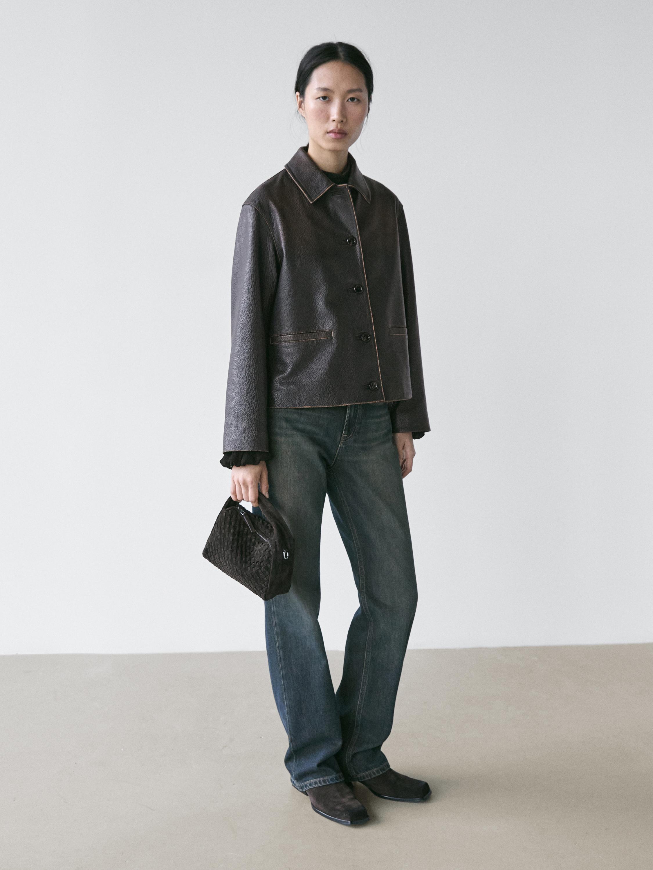 Massimo Dutti レザーライダースジャケット Short nappa leather jacket · Black · Bomberâ Jacket | Massimo Dutti